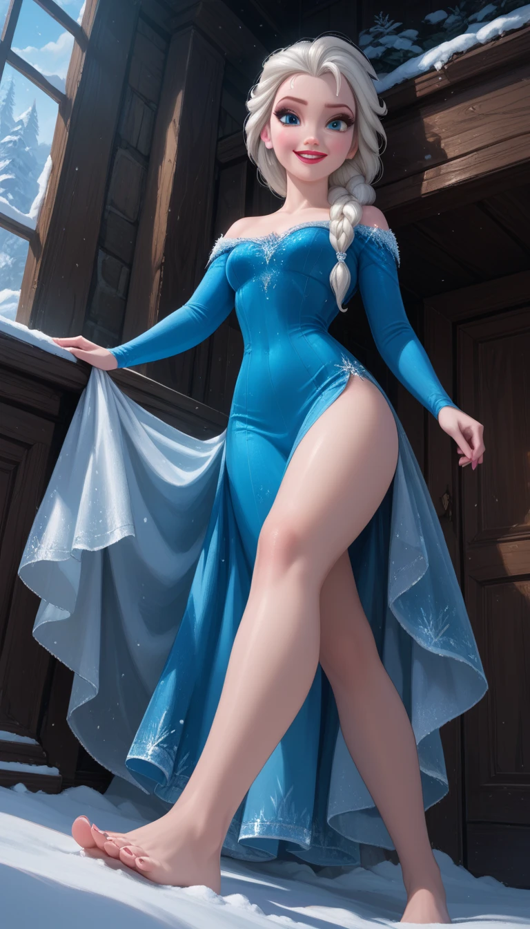 , woman, ((Masterpiece, best quality)), full body view, bursting huge breasts, detailed skin, Anna from Frozen, highly detailed, cinematic lighting, ultra realistic, blush, looking at viewer, Anna, Anna from movie Frozen, red hair, blue eyes, huge breasts, tall body, long sexy legs, perfect body.