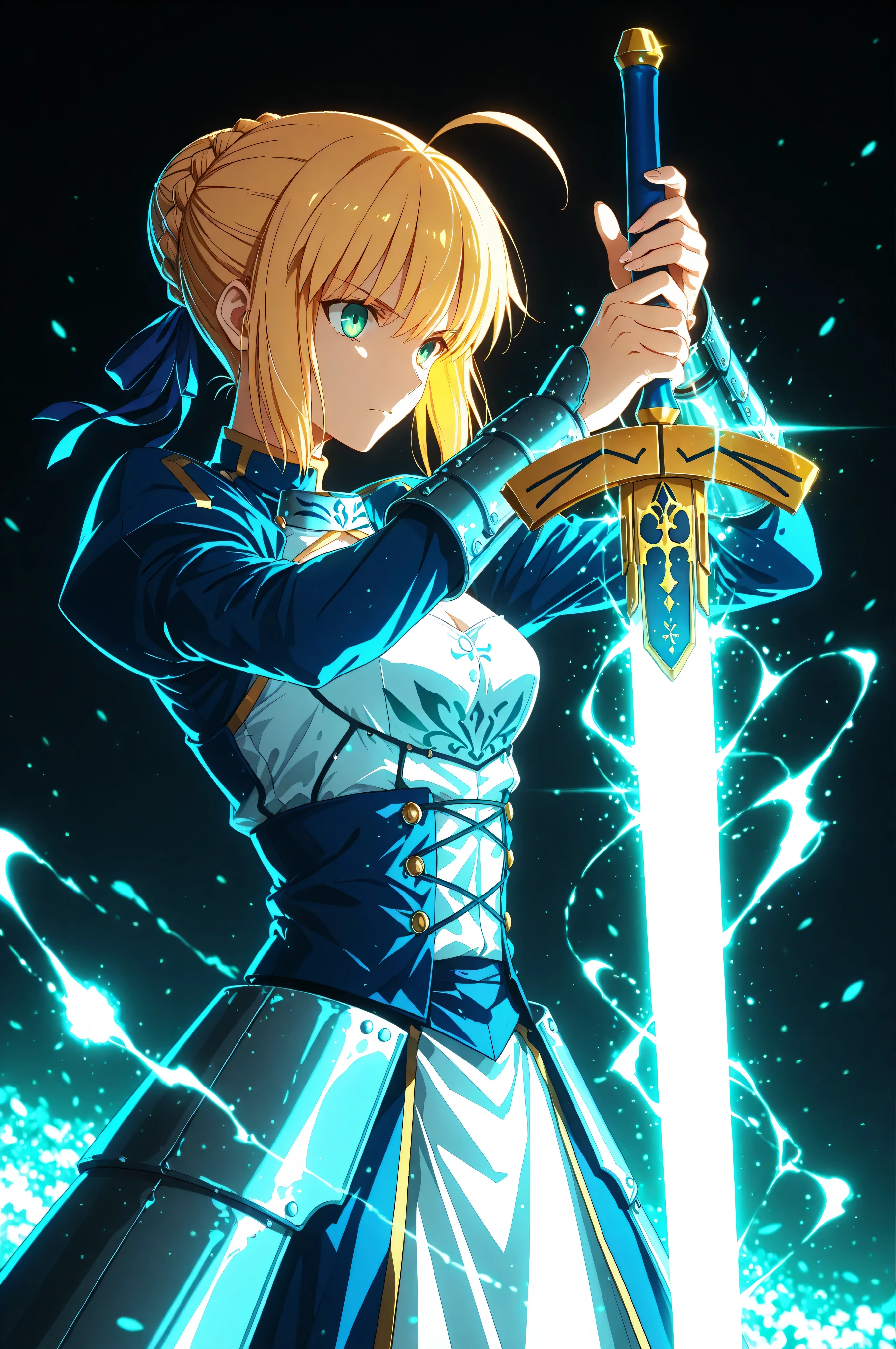 masterpiece, best quality, weapon, holding sword, 1girl, saber, fate_(series), 1girl, blonde_hair, green_eyes, tied hair, SHN journey, neon art, neon colors, glowing, glow effect, bright outlines, vibrant colors, high contrast, dark background, digital art,
