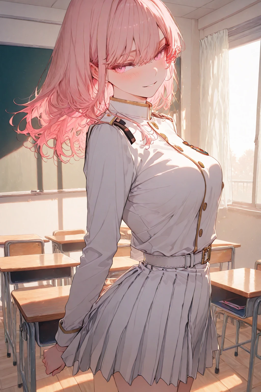 ((masterpiece)), ((best quality)), (ultra-detailed), ((anime style:1.2)), cute, (lovely), ((sexy)), ((extremely detailed)), 4K,
This is a stunning screenshot of a 15-year-old girl from My Hero Academia, showcasing her UA uniform. Her white skin is flawless, and her pastel pink hair is long, wavy, and adorned with delicate bangs that frame her face. Her big pink eyes, highlighted with a gentle shade of natural makeup, radiate kindness and innocence. Her buttoned nose and pompous lips accentuate her youthful charm.
She is wearing