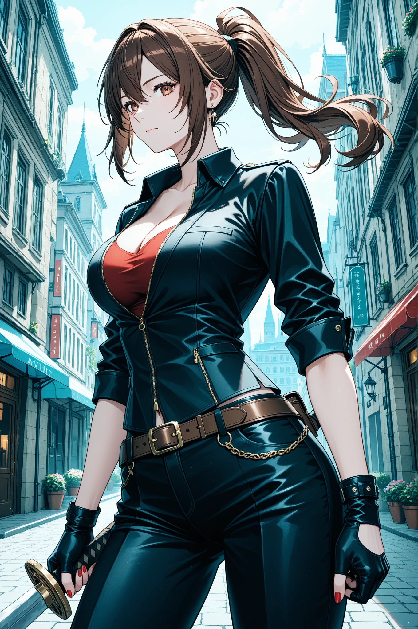best quality, (masterpiece:1.2), highly detailed, standing, street,
1girl, solo, akatsuki minami,
looking at the viewer, closed mouth, smile, slight blush,
blue eyes, brown hair, ponytail, hair bow, sleeveless, ((the girl is dominatrix and she is wearing latex outfit, she is dominant and merciless)), cowboy_shot, nsfw