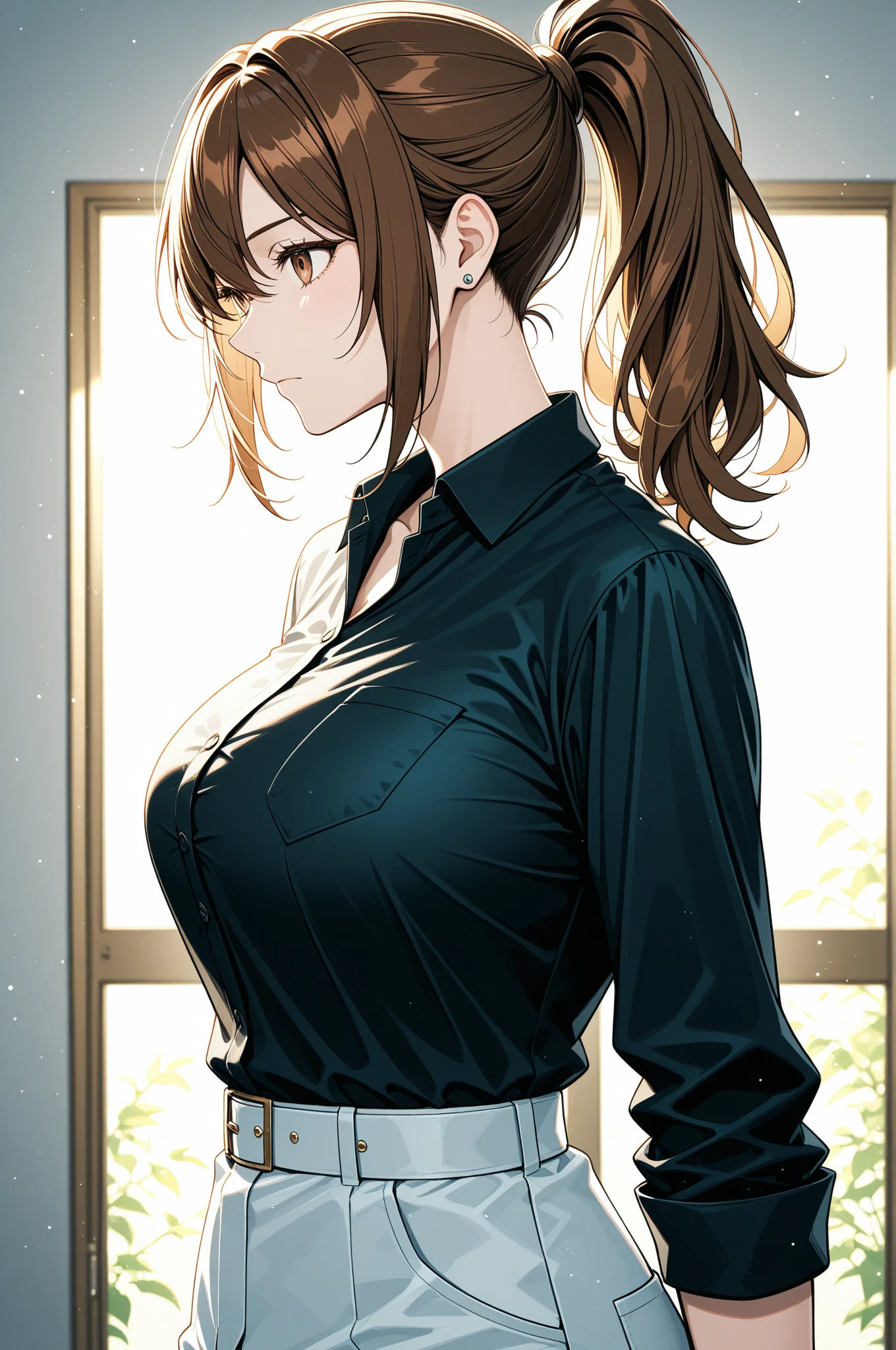 (best quality), (very aesthetic), (ultra-detailed), (best illustration), 1 girl, Solo, fine texture, black hair, long ponytail hair, (large breasts1.2), light brown eyes, collared shirt, blazer, pleated skirt, bow, school,sharp look