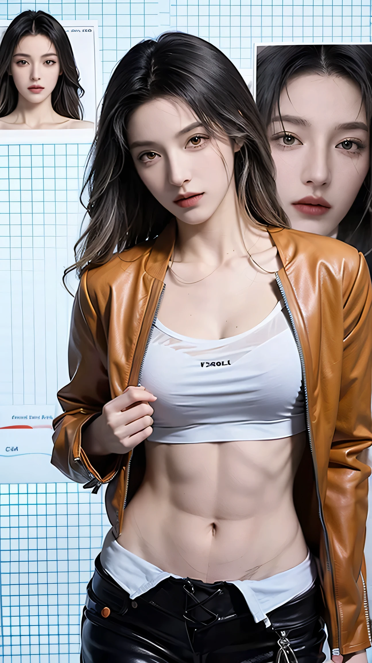 (masterpiece), best quality, HD, 4K, perfect face, black hair, smile at viewer, yellow eyes, hetero, nude, hairband, black long hime hair, hime cut, arrogant stare, collarbone, prostitution, muscular slim, ABS collarbone, dirty booty, face, (botox lips), shopping, tall, slender brunette, milf adult, a corresponding leather jacket unzips her leather jacket, revealing her cotton sports bra and bare stomach underneath, buying groceries, angell, she removes the jacket to reveal her bare stomach, ((naked)), (smug smile), very aesthetic, newest, highres, multiple views sheet, concept art, reference sheet, character profile, character chart, multiple views, multiple expressions, turnaround, reference sheet, concept art, multiple views, zoom layer, measurements chart, portofolio