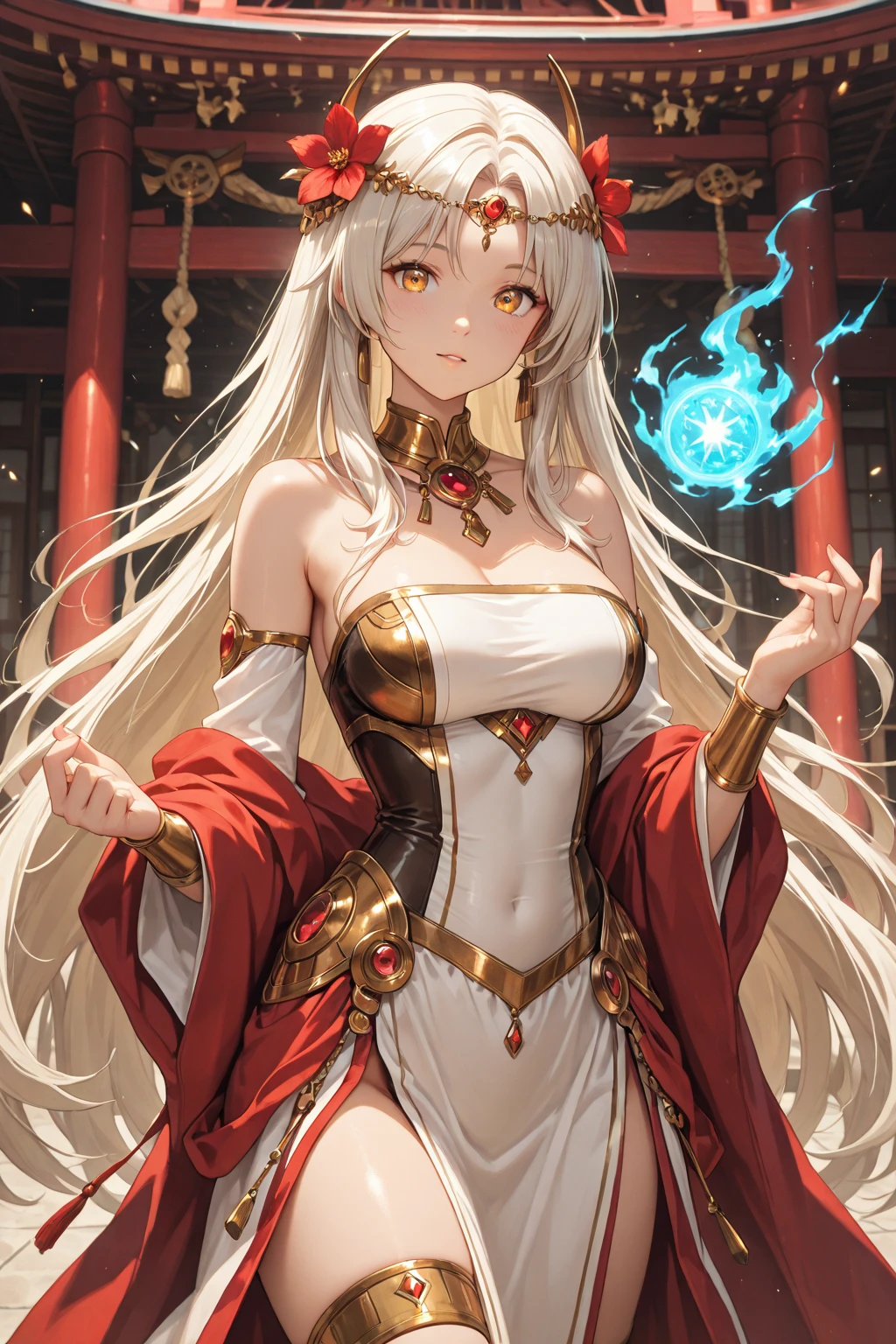 The goddess faces forward and holds out her hands、A red light on the right、 With a blue light in his left hand、Asking which one to choose。 Anime Images