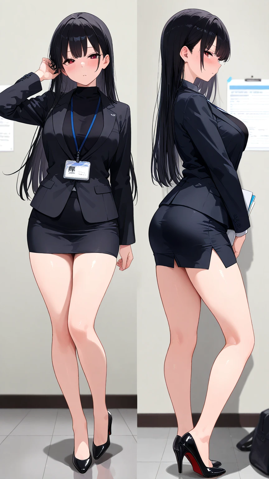 (1) There is one office lady with beautiful legs, (She is standing and showing off her beautiful legs:1.5),
(2) (OL is standing:1.5),
(3) OLはwhiteVheadTI'Iは中にシャツを着ています、whiteVheadTI can almost see her cleavage through the shirt.、(I'Iはその上にグレーのパンツスーツを着ています.:1.5)、Pantsuits fit perfectly、(The pants are semi-flare full length type..:1.5)、she is wearing black high heel pumps、
(4) (OL is showing her back、your face is facing this way:1.5)、
(5) Office woman has short brown hair., shining eyes, A provocative grin,
(6) The location is the office hallway..,
(7) highest quality, High resolution, realistic pictures, realistic skin,
