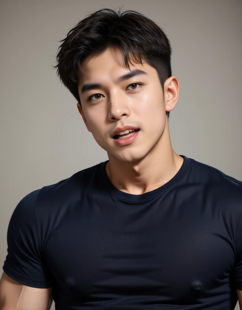 (Create a masterpiece: 1.2),(CGI art:1.3),(realistic:1.5),(After processing:1.3), (Sharp focus:1.3), 1 man, open mouth, smile, (Navy blue round neck t-shirt:1.3), Navy cargo pants, Korean guy , korean men, (High gloss details), chest muscles, large arm muscles, blood vessel, Big muscles, Broad shoulders, looking at the audience, Balancing the eyes, bedroom, Close your eyes.,(open mouth:1.1)