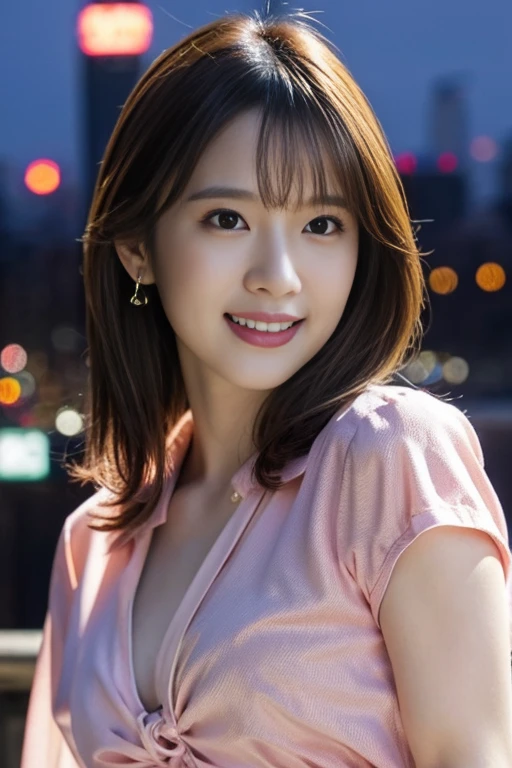 a woman posing on the street corner with Pink Dress on, highest quality, High resolution, 8k, 1people々々girl, (Huge breasts), Day, bright, Outdoor, (street:0.8), (people々々々, crowd:1), (Lace Trim Dresses:1.5, Pink clothes:1.5, Pink high neck dress:1.5, Sleeveless dress, Pink Dress: 1.5), Nice, (Medium Hair), Beautifully detailed skies, Beautiful earrings, (Dynamic pose:0.8), (Upper Body:1.2), Soft lighting, Wind, Shiny skin, View your viewers,  
