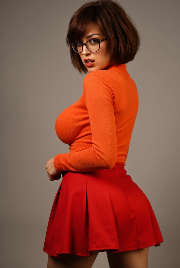 safe_pos, (high res), ((masterpiece)) , ((best quality)), illustration, beautiful, highly detailed, perfect eyes, vibrant colors, realistic, perfect lighting, 1girl, furry, (deer girl, deer tail, doe:1.2), orange eyes, dark-brown body, (mature female, big hips, big thighs, big ass), (short hair, brown hair, wolfcut hairstyle), clothed, (very tight white sweater, orange scarf, mini orange argyle skirt, black thigh highs), smile, chilly, autumnal, outside, looking at viewer, front facing. 1. slim body. thick buttock. pointy nipples. (minimal clothes:1.2). topless. in the wild