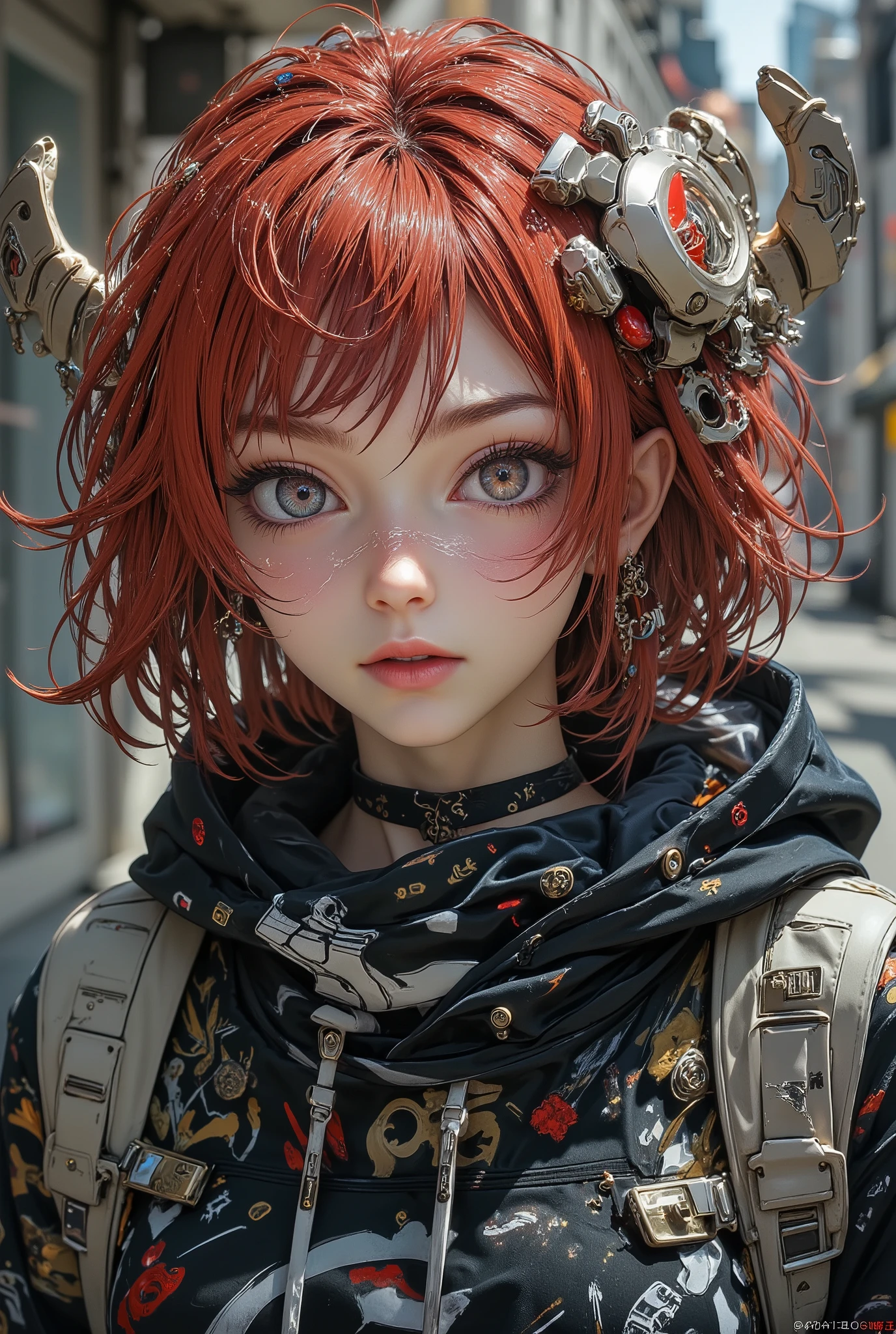 space, sci-fi, (hooded sweatshirt:1.1),((masterpiece)), ((best quality)), (ultra-detailed), ((extremely detailed)), 4K, (8K), best quality, (beautiful), extremely detailed,young woman, 1 woman, solo,bob cut,side braid,(two-tone coloring:1.6),beautiful white hair,(beautiful red hair),beautiful pink eyes, beautiful lips,(small breasts:1.2),slim, sad smile, earrings,(Lots of earrings),Ear Body Piercing 3D rendering. colorfull