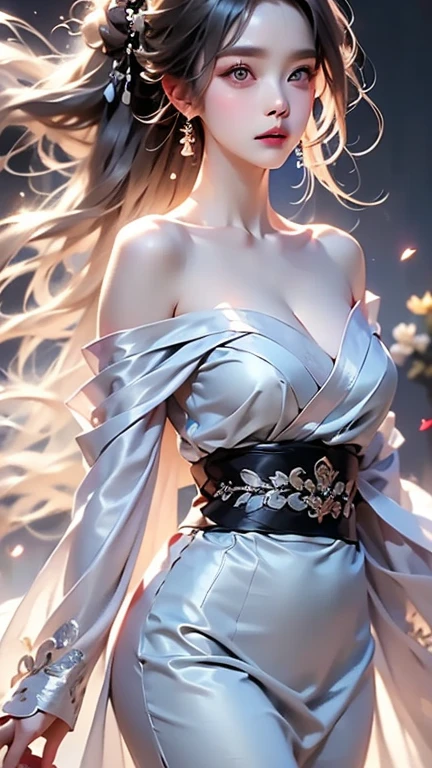 ((masterpiece:1.5、8k、Portraiture、フォトリアリスティックでVery detailedなCG、Very detailed、Particle Effects、Dynamic Effects、Shallow depth of field、Cinematic Light、Lens flare、Ray Tracing、Tabletop、Realistic:1.4、Ultra-high resolution:1.2、Realistic、Realistic))((alone、Off-the-shoulder clothing、Cashmere coat:1.4、Elegant woman posing、look up、Detailed face、bright表情、young, bright, Whiter skin、small breasts、Beautiful cleavage、Best Looks、Ultimate beauty、Shiny silver hair with highlights、bright and shiny hair,、Super long, Silky straight hair、Hair dancing in the wind))(morning、The setting is outdoors in the snow、Surrounded by illuminations)from front
