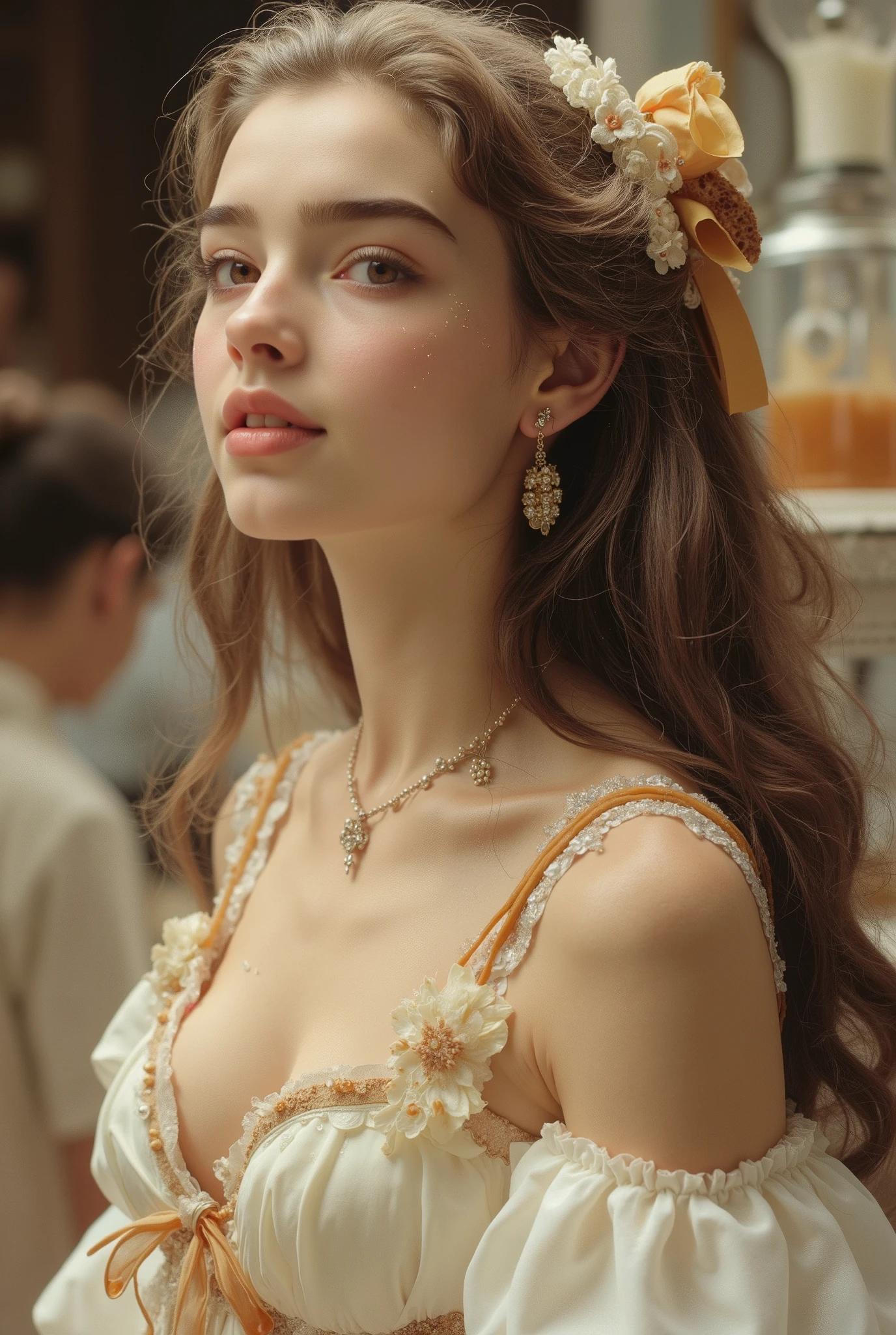 A hyper-realistic, full-body portrait of a young woman whose body is made of elegant desserts and confectionery, her skin resembling silky white chocolate, strands of her hair formed from delicate spun sugar and caramel ribbons, her dress sculpted from layered mille-feuille and glazed fruit tart, ornge lips like orange jelly, eyes reflecting the sparkle of sugar crystals, fingers tipped with chocolate-dipped nails, detailed texture of sweets blending organically with human anatomy, softly lit fantasy patisserie background, realistic lighting, 35mm photography, cinematic composition, concept art