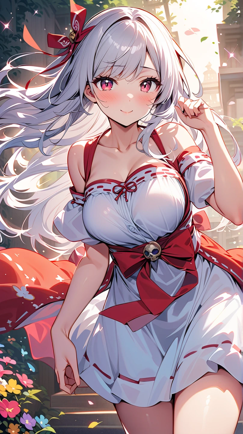 Vista, panorama, perspective, Depth of bounds written, bust, Upper body, cinematic angle, masterpiece, highest quality, Super detailed, cg, 8k wallpaper, beautiful face, delicate eyes, maiden, alone, smile, silver hair, golden eyes, Fair skin, hair, red scarf, white evening dress, rose畑, Red flower, rose, flower garden, petal, Flying petal, smile