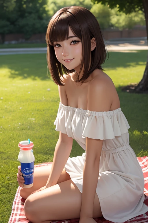 1girl in,A dark-skinned beautiful girl holding a skewered dumpling in her right hand and eating it....,very cute and well behaved,Brown-skinned,She is holding a dumpling in her mouth with a happy expression,Short hair that shows the black forehead,Accurately drawn face,Slender but big breasts,tre anatomically correct,perfectly proportions,Precise fingers,Accurate depiction of skewered dumplings,Sitting on a bench,White long dress,Sleeveless,Lady-like design that reduces skin exposure,precisely painted dress,On a Japanese-style open terrace,masterpiece.Best Quality,Realisticity,