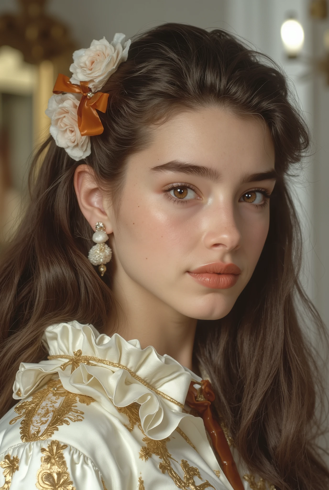 A hyper-realistic, full-body portrait of a young woman whose body is made of elegant desserts and confectionery, her skin resembling silky white chocolate, strands of her hair formed from delicate spun sugar and caramel ribbons, her dress sculpted from layered mille-feuille and glazed fruit tart, ornge lips like orange jelly, eyes reflecting the sparkle of sugar crystals, fingers tipped with chocolate-dipped nails, detailed texture of sweets blending organically with human anatomy, softly lit fantasy patisserie background, realistic lighting, 35mm photography, cinematic composition, concept art