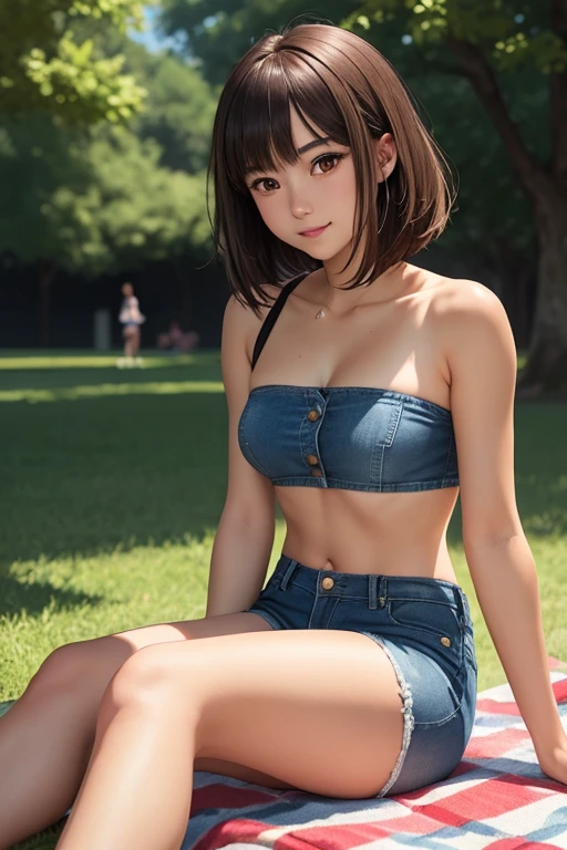 ((Tremendously large breasts))), ((Tomboy, small head)), Sunlight, Nikko, (Chiseled abs: 1.1), (Perfect body: 1.1), (Short wavy hair: 1.2), Reddish brown hair, collar, chain, full body shot, picnic, (Shirtless))), (Shorts, sitting, legs open)), (CG 8k wallpaper, very detailed CG 8k wallpaper), (Very delicate and beautiful), ( masterpiece), (Best Quality: 1.0), (Ultra High Definition: 1.0), Beautiful lighting, perfect lightning, realistic shadows, [High Definition], Detailed skin, Ultra detailed