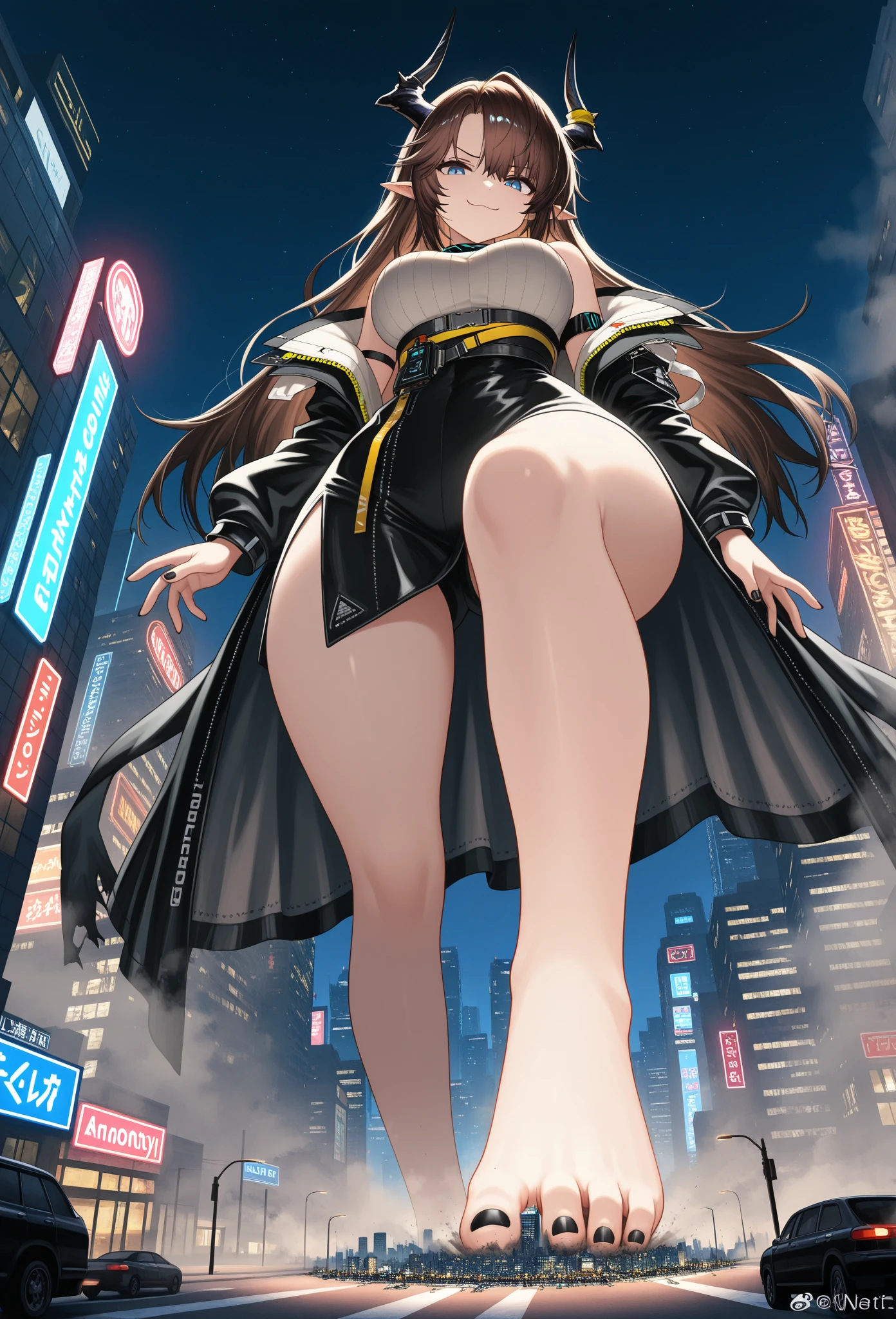 (masterpiece, best quality), intricate details, 8k, artstation, wallpaper, official art, splash art, sharp focus,, 1girl, long hair, twin tails, red eyes, brown hair, , spider swimsuit suit, spider web printing, spider web, , skyscrapers, city, buildings, cars, street, jumping in the air, below view