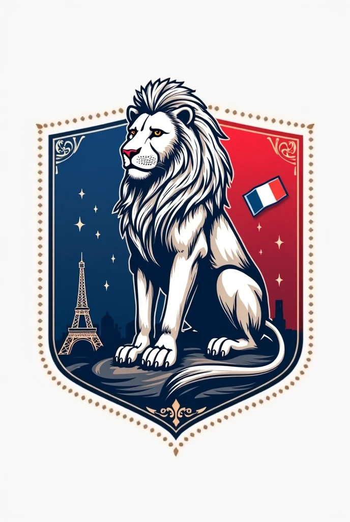 armoirie avec un jeune homme qui porte un lion du haut de ses bras. Le blason contient une feuille jaune et les couleurs sont bleu blanc et rouge.
Écrire en bas au centre : "409" et
"entraide, amitié et respect" en français