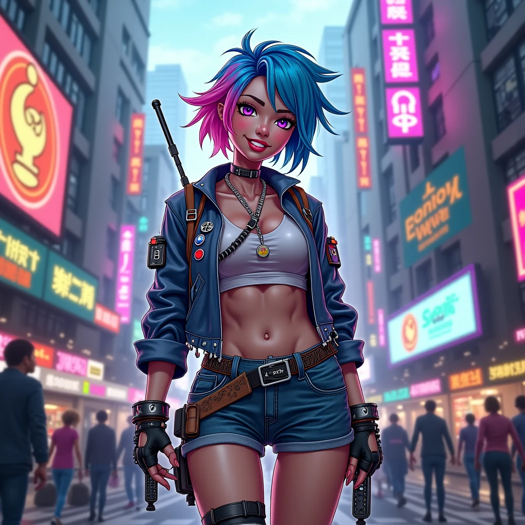female, short hair, gray, big breasts, anime, strong, streetwear, slim, blue eyes
