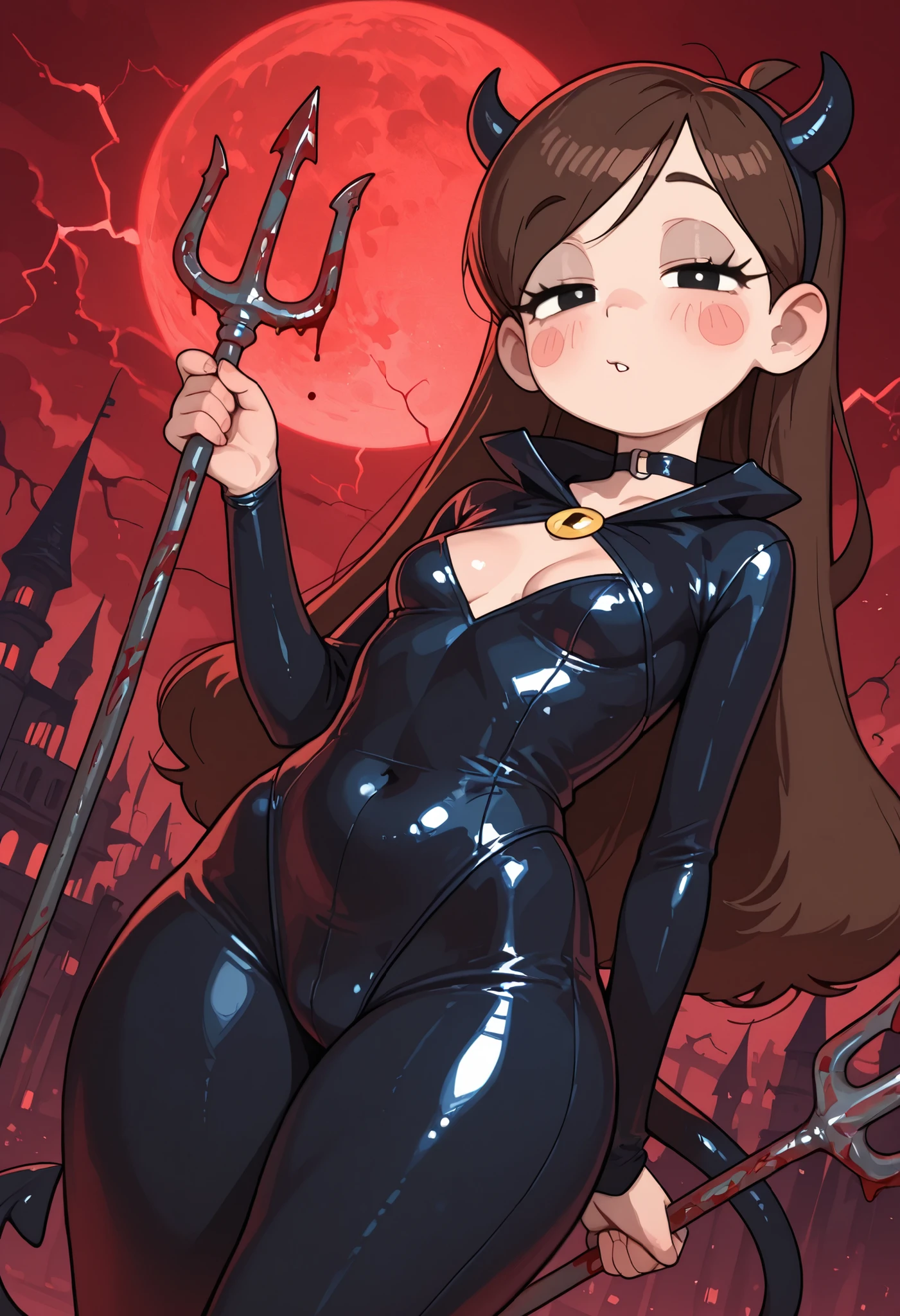 Mabel Pines, blush stickers, brown hair. black eyes. half-closed eyes, small breasts, huge hips. long eyelashes, choker. | tail, devil tail, sexy devil costume, trident in hand, thunder, lightning, devil castle, buttocks, chest, cleavage, night, cloudy, blood moon, blood moon, blood moonlight, red sky, horny, sexy view, looking at viewer, solo, cowboy shot, dutch angle, full view, full length view, hdr, hd, 4k, 8k, dolby vision, beautiful photo, quality