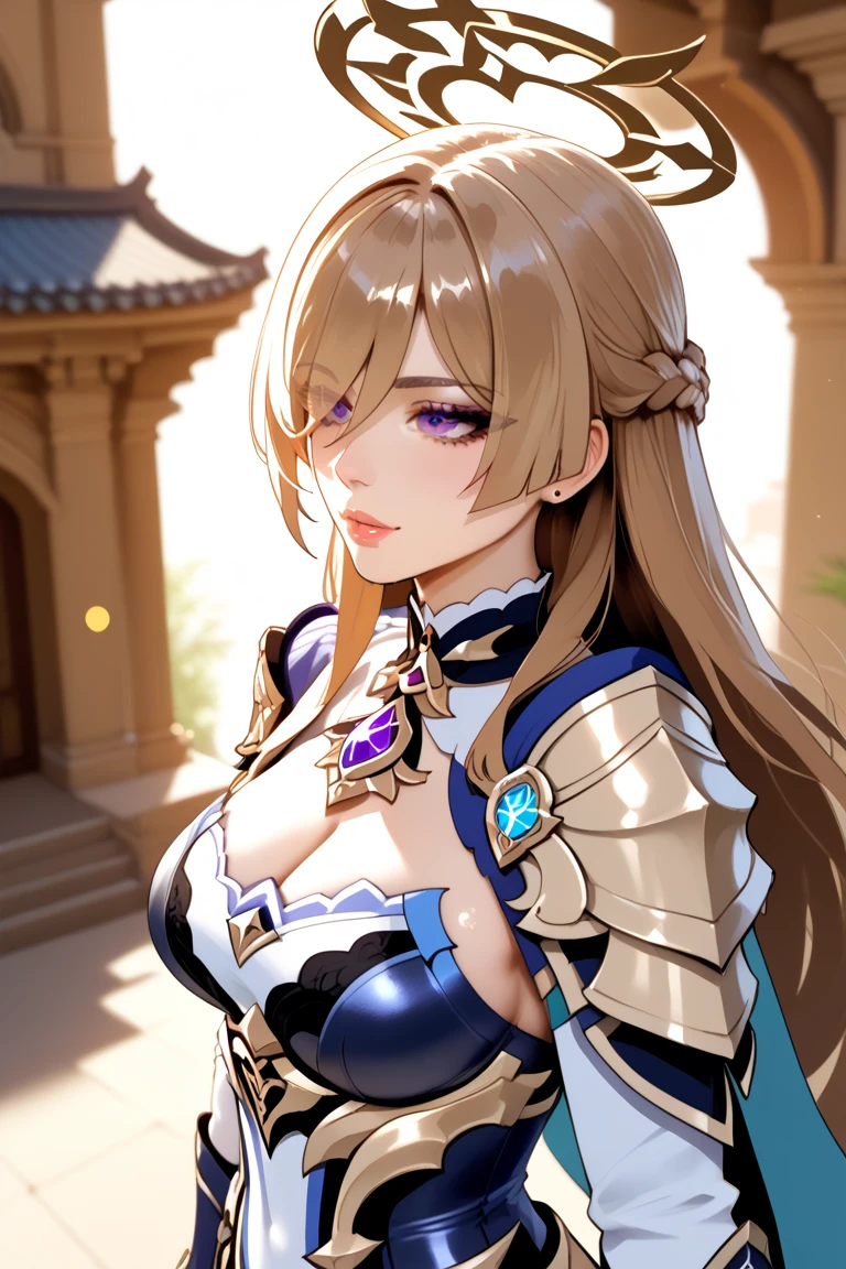 One Woman, 30 years old, solo, Long Hair, Blonde, Hair blowing in the wind, ((Large Breasts)), Cleavage, Crescent-shaped earrings, Purple eyes, A seductive smile, Character portrait, View from the outside, Crown, White armor, Ornate Decorative Armor, Staring at the audience, Ultra-detailed, fantasy castle, Japanese illustration style, 