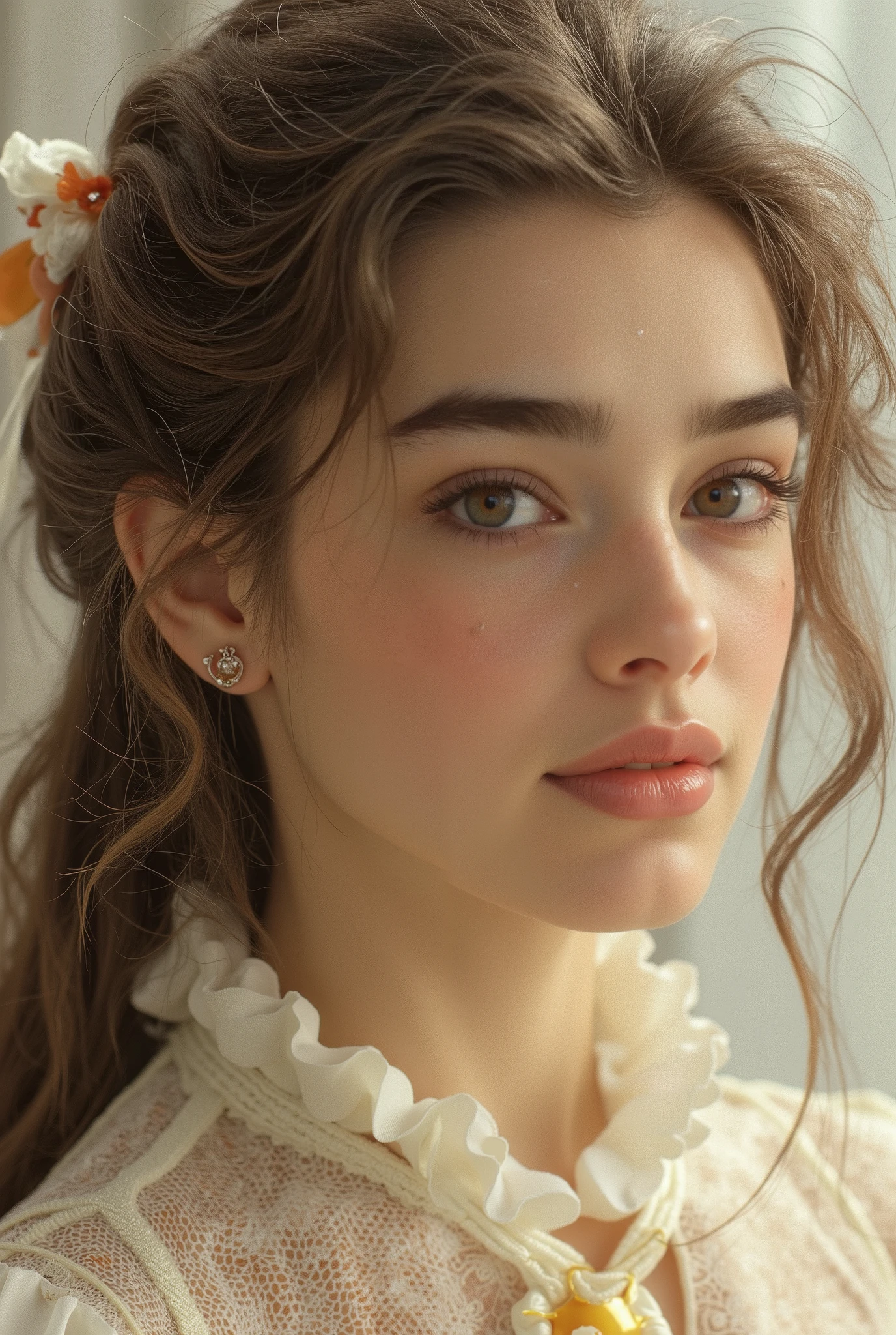 A hyper-realistic, full-body portrait of a young woman whose body is made of elegant desserts and confectionery, her skin resembling silky white chocolate, strands of her hair formed from delicate spun sugar and caramel ribbons, her dress sculpted from layered mille-feuille and glazed fruit tart, ornge lips like orange jelly, eyes reflecting the sparkle of sugar crystals, fingers tipped with chocolate-dipped nails, detailed texture of sweets blending organically with human anatomy, softly lit fantasy patisserie background, realistic lighting, 35mm photography, cinematic composition, concept art