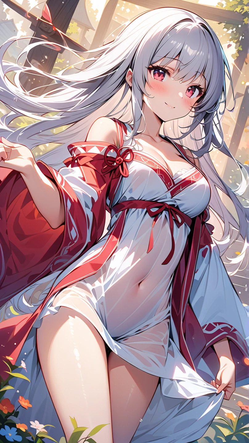 female nine-tailed fox, shrine outfit, perfect body shape, masterpieces, chill mature aura, croatch tattoo, wet body detailed, lying on the ground, shiny red pupil, sakura falling, moonlight japanese building background, red rope accessorize, fur white scarf, bell, medium size breast, tail detail, light make up, 16k, main color is snow white, secondory color is bright red, talisma, solo, correction check, alcohol bottle
