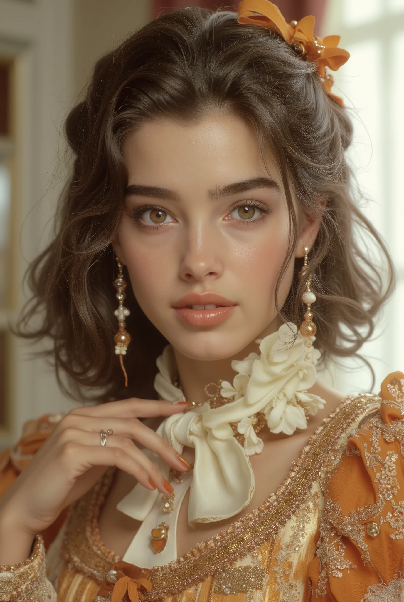 A hyper-realistic, full-body portrait of a young woman whose body is made of elegant desserts and confectionery, her skin resembling silky white chocolate, strands of her hair formed from delicate spun sugar and caramel ribbons, her dress sculpted from layered mille-feuille and glazed fruit tart, ornge lips like orange jelly, eyes reflecting the sparkle of sugar crystals, fingers tipped with chocolate-dipped nails, detailed texture of sweets blending organically with human anatomy, softly lit fantasy patisserie background, realistic lighting, 35mm photography, cinematic composition, concept art