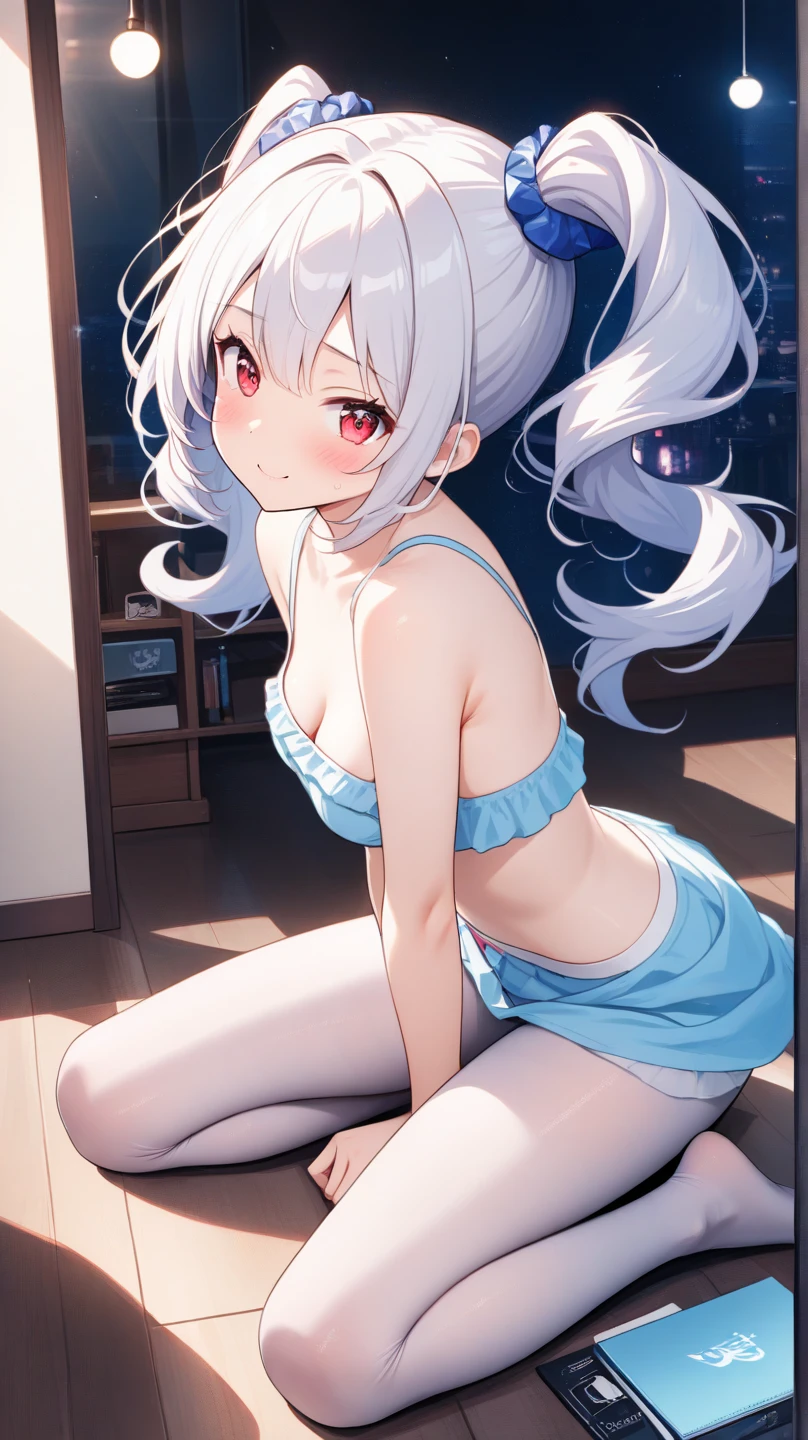 1girl in、As-、Cute underwear、Detailed Lace Lingerie、FULL BODYSHOT、(long silver twintails)、、backshots、from the rear、Drenched､(all-fours)､ideal small butt､Ergonomically suitable、(Light red glossy lingerie)、20yr old、In front of the mirror in the bathroom、holding a toothbrush in mouth、Brushing your teeth、softlighting