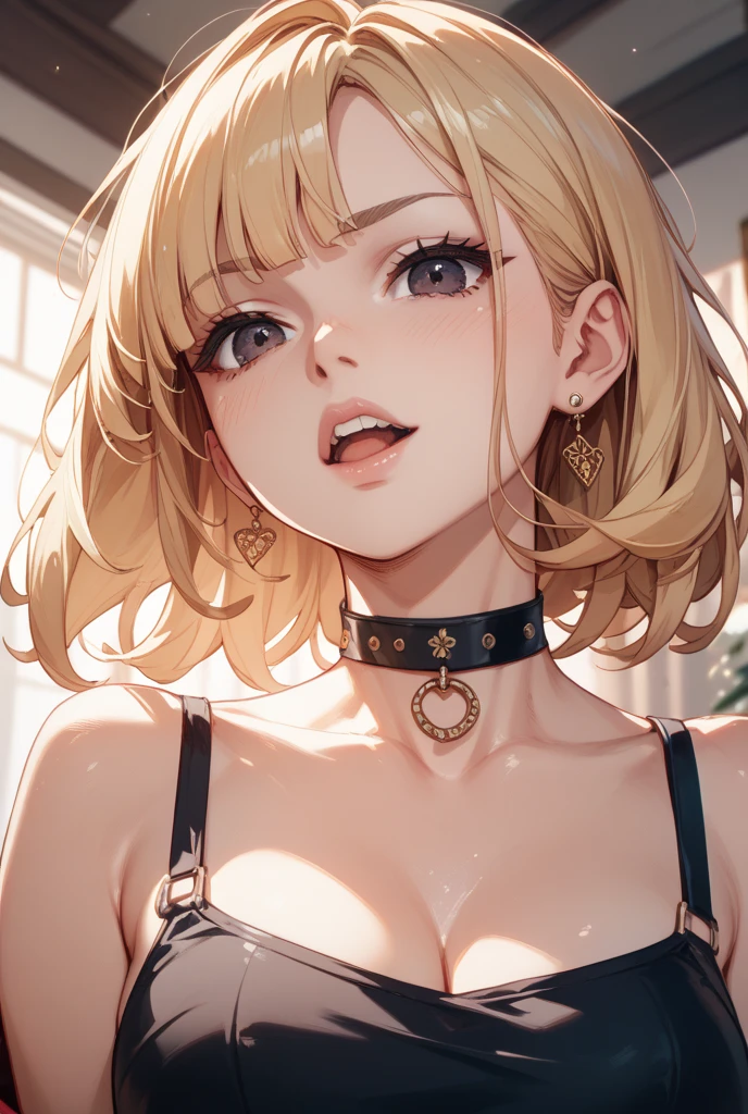 smooth blonde hair、wavy hair、short cut hair、small earrings、glossy lips、sad expression、embarrassed look、Close your eyes and ask for a kiss、Pouting her lips, ask for a kiss、double eyelid、Make it look like she wants to kiss you, (Girl crouching looking at the camera), big breasts, cleavage, random background, flirty look, ((very detailed)), (perfectly detailed face), living room、on the sofa、(dog ears)、(get down on all fours),、black bra and panties、collar and leash、clean nipples of pink color,、not wearing clothes、gray eyes、Sweating in the body