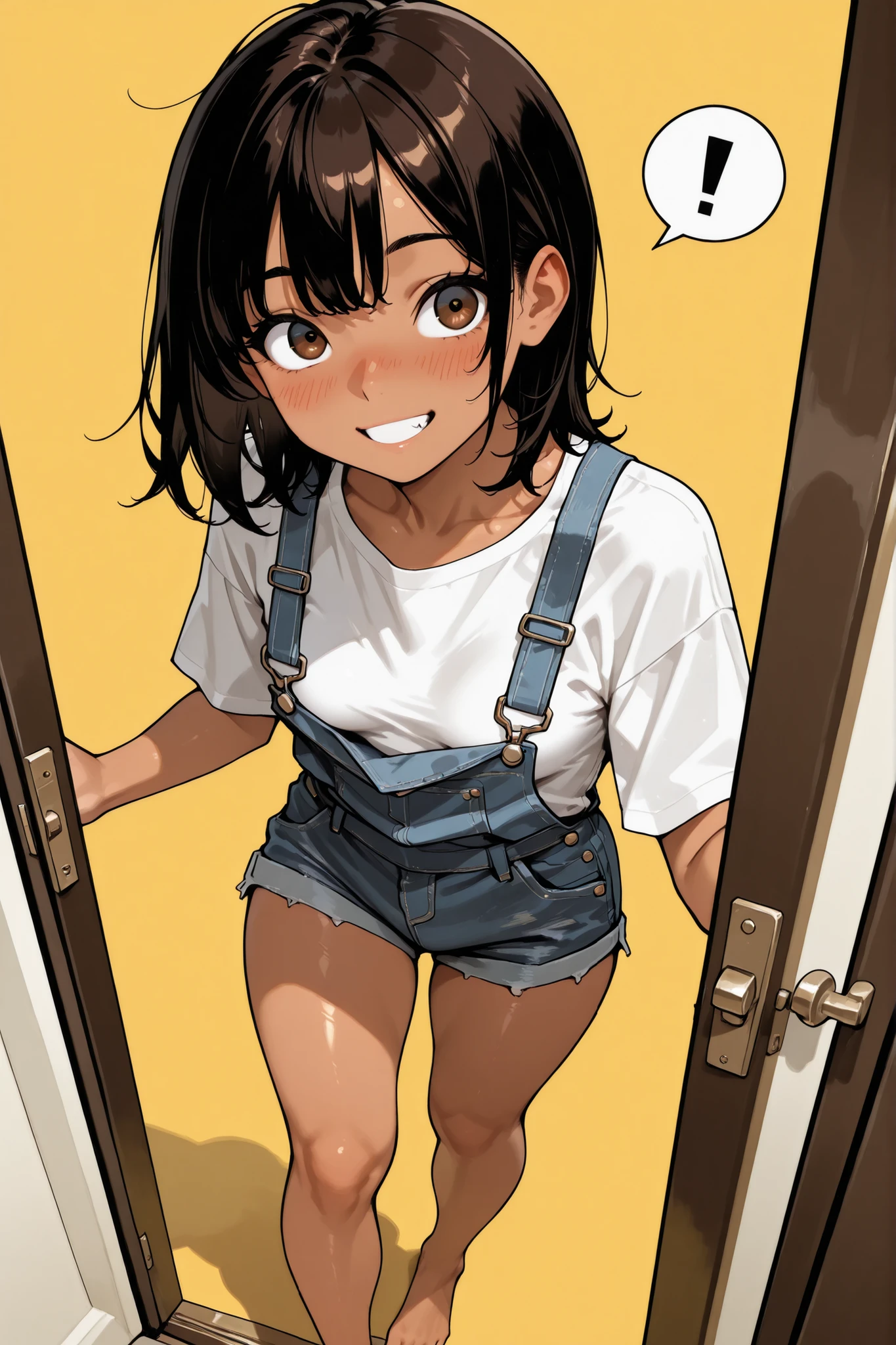 1girl,Super Detailed,absolute resolution,(dynamic angles),portrait,pinup,(tanned skin:0.5),(tanlines:0.4),Looking through the gap in the room door,Watching secretly,[[[Looking delighted]]],spoken exclamation mark,white oversized T-shirts,denim overall shorts,Bare Foot,detailed and beautiful face and eyes,dark brown big eyes,(Bulbous Nose:0.3),Japanese girl,healthy body,(muscular calves:0.5),black shiny hair,Short Height,small breasts ,,medium hair,(wet hair:0.3),wolf-cut,(Flowing Sweat:0.3),(blush:0.6),(nose blush:0.8),(yellow Background),