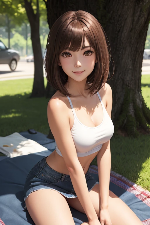 ((Tremendously large breasts))), ((Tomboy, small head)), Sunlight, Nikko, (Chiseled abs: 1.1), (Perfect body: 1.1), (Short wavy hair: 1.2), Reddish brown hair, collar, chain, full body shot, picnic, (Shirtless))), (Shorts, sitting, legs open)), (CG 8k wallpaper, very detailed CG 8k wallpaper), (Very delicate and beautiful), ( masterpiece), (Best Quality: 1.0), (Ultra High Definition: 1.0), Beautiful lighting, perfect lightning, realistic shadows, [High Definition], Detailed skin, Ultra detailed