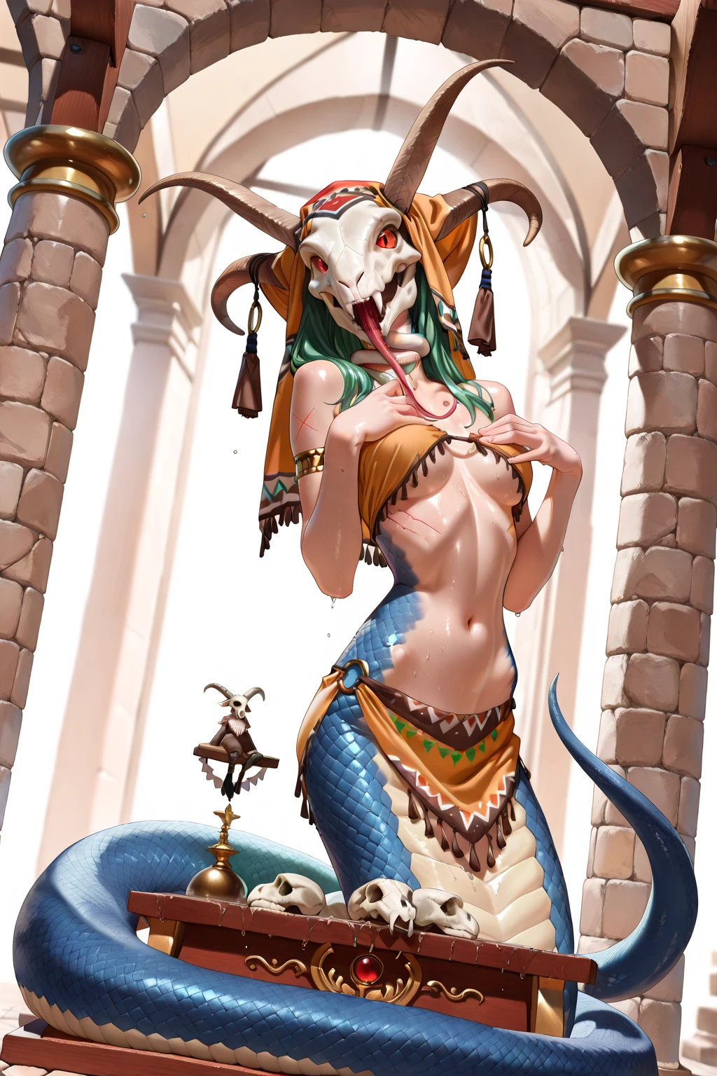 (obra-prima, melhor qualidade), detalhes intrincados,
1girl, Cassiopeia \(Liga das Lendas\), 1girl, lamia, decote, capacete, dark demon, dentro de um templo cercado por estatuas de homens