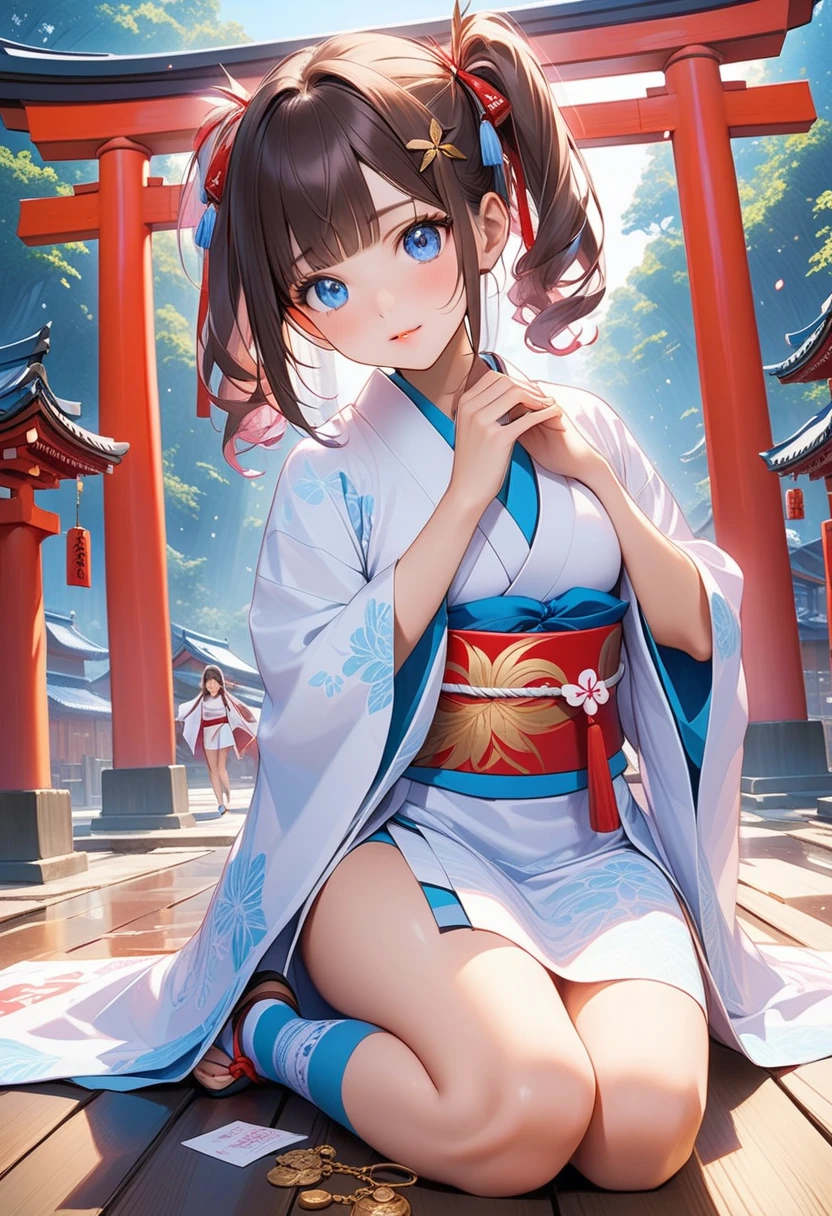 Girl turned around, clothing sample, cute, smiling, colored contacts in the eyes, accessories, full body, walking, summer, kyoto, kinkakuji