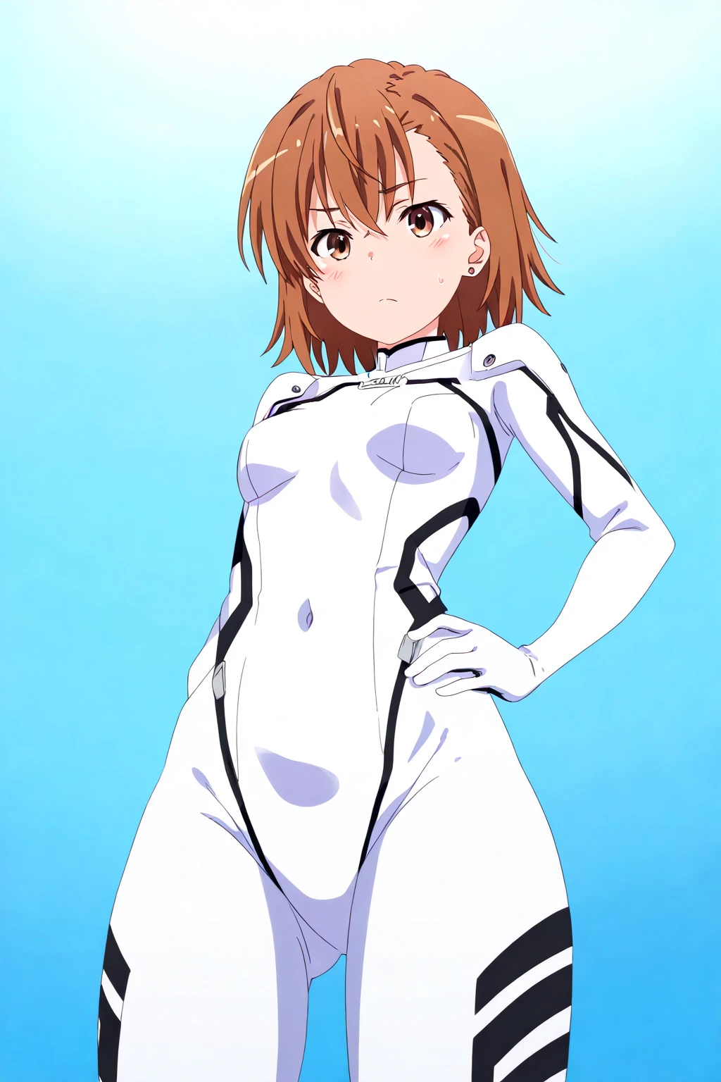Ochaco Uraraka, 1girl, anime, hair cafe, sexy, big aass (best quality: 1.3), (4K quality), best quality, high resolution, detailed, (detailed face: 1.2), (detailed eyes: 1.2), ( Figure perfect: 1.2), looking at viewer, (1 girl), boku no hero academia, bunny ears, woman)), sleeveless, white gloves, white leotard, fur collar, purple thighs, white background, white leotard,Costume by mirko