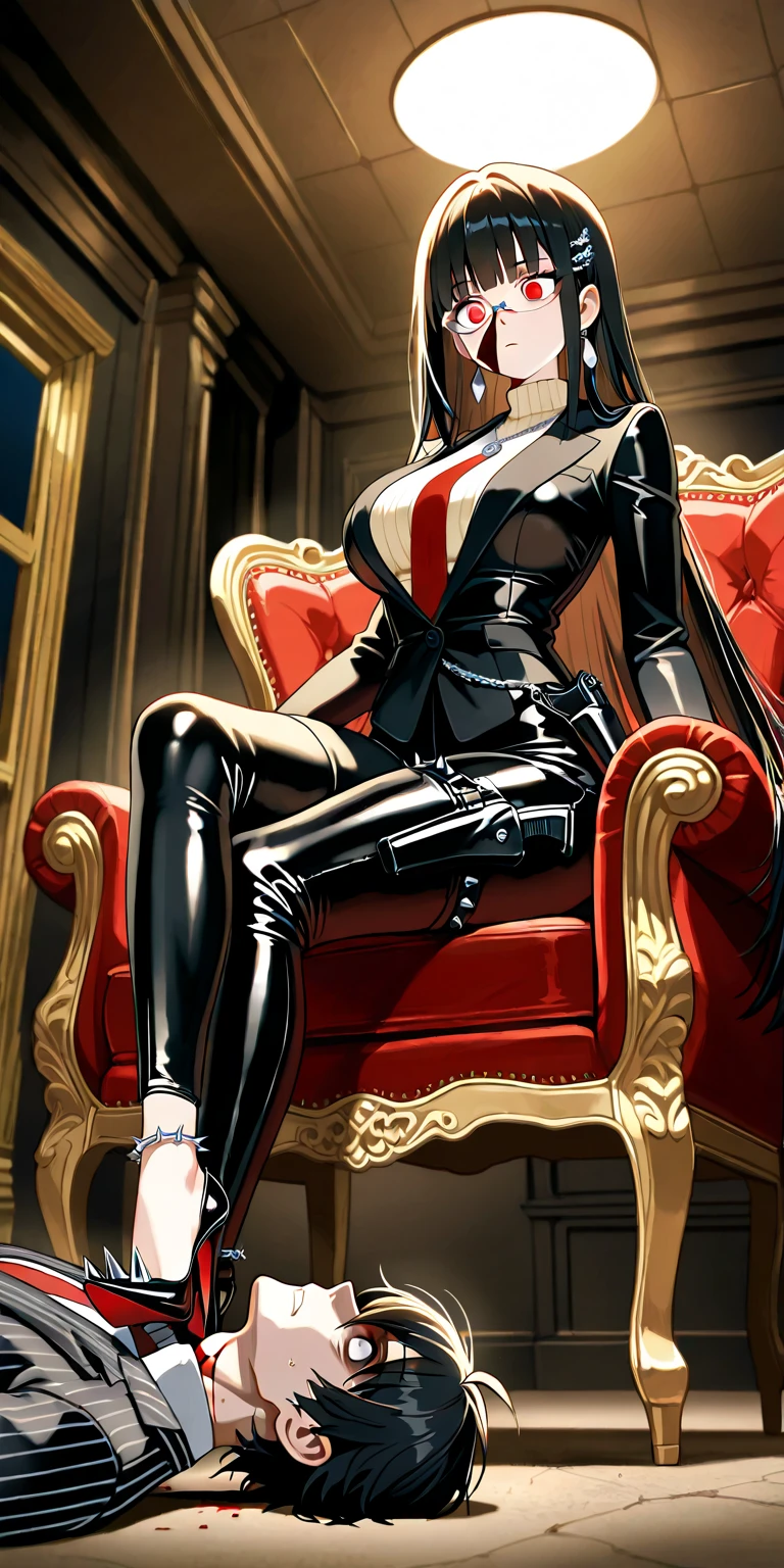 Leaning back in the chair, Leaning on a chair's armrest, pantyhose, bondage, leotard, latex, heels, harness, blue eyes, brown hair, intake, long hair, masterpiece, best quality, ultra detailed, beautiful, masterwork, ultra high res, super fine illustration, cg unity 8k wallpaper, cleavage, large breasts, cowboy shot, dominatrix, black clothes, dare shoulder, elbow gloves, thigh boots, perfect hands, perfect eyes, ultra detailed beautiful face, gleaming skin, oil skin, shiny skin, sitting, antique chair, throne, mistress, gloves, shiny clothes, adult, (((crossed legs))), two legs, both legs, perfect legs, armchair, arms on armchair, bdsm, zipper, corset,