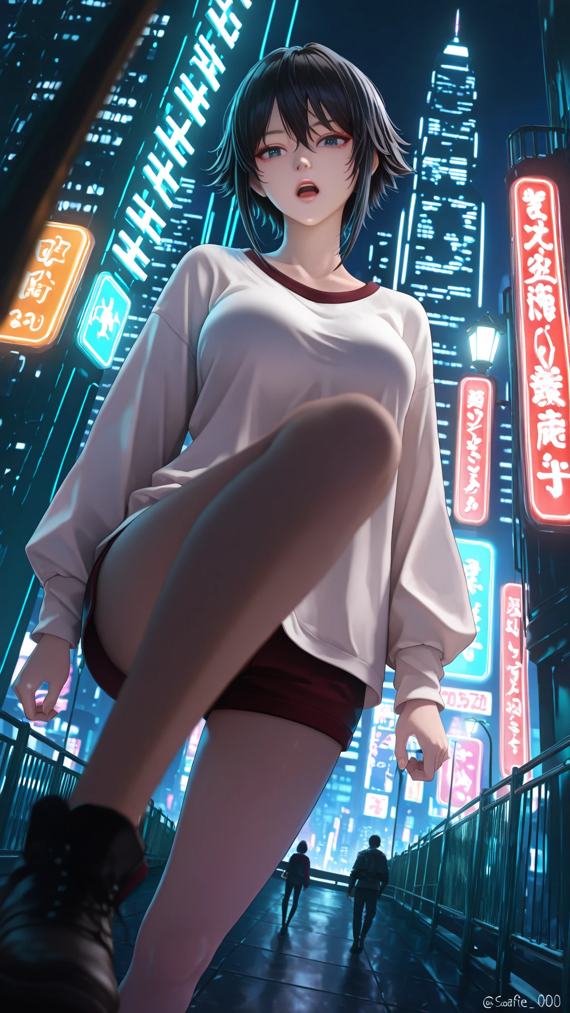 Cinematic movie poster of (nude gorgeous Chinese|Filipina woman), in sci-fi cyberpunk ally, standing, feet, blue pink orange green lighting, best quality, studio lighting