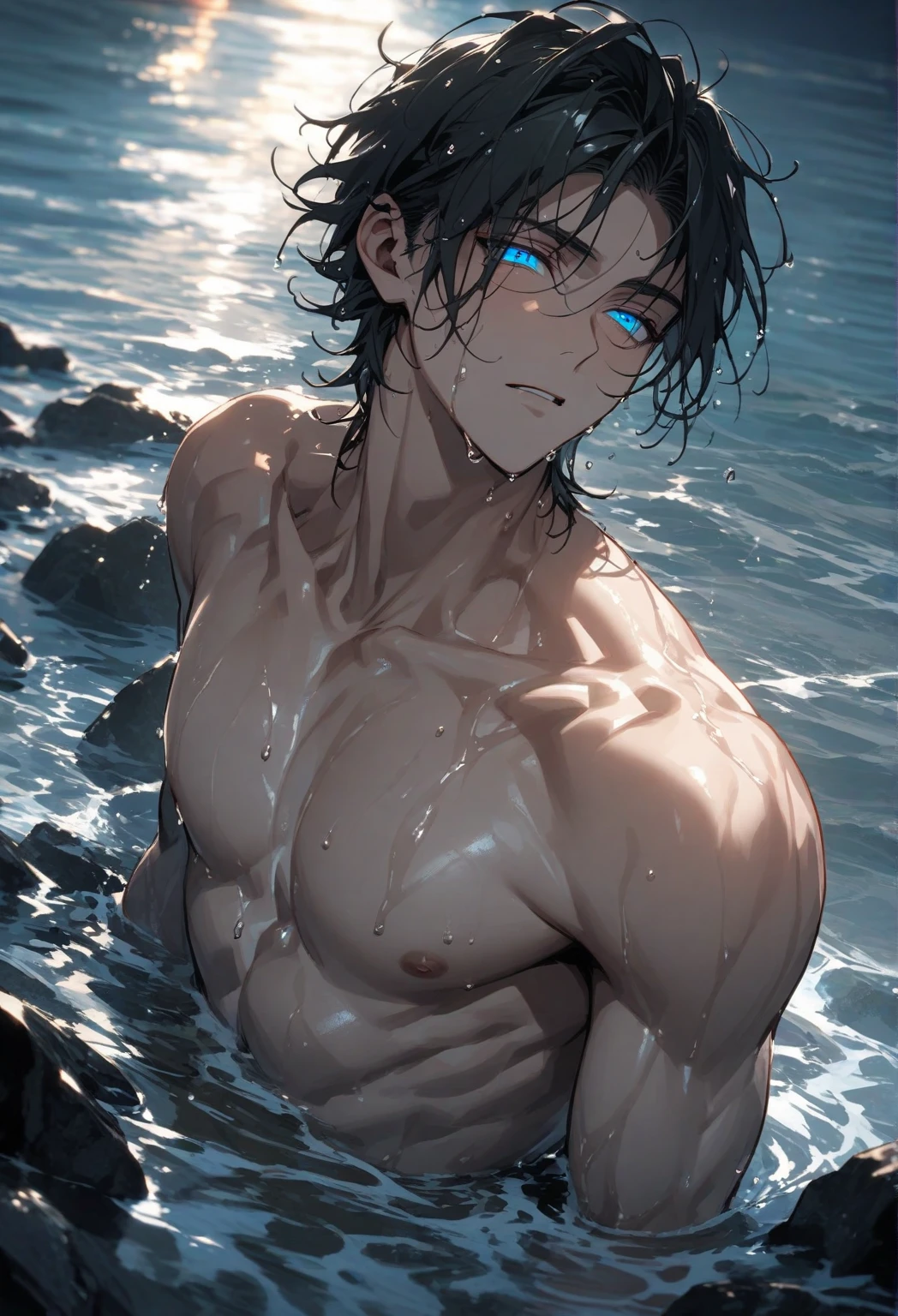 Gray Fullbuster lying down on ice and snow sleeping, dozing off, naked shirtless bare chested muscular ripped detailed body and rugged physical build, sleeping in deep sleep, snowing and (snowflakes:1.2), white snow and blue ice, the man has black hair and cold freezing body, ((ice-crystals)), (masterpiece, hd, 8k, ultra-high quality), upper body, solo, focus on man, (upper body)
