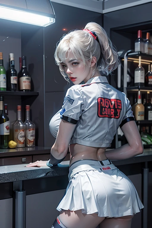 Dj chubby Naked women in white transparent yoga pant, thick, small waist, 8k, RAW photo, masterpiece, UHD, proportional bod, long pink hair, dancing in a night club, a beer bottle in her hand, golden tone lights. a dj in background, party lights,