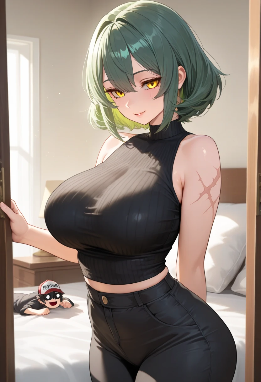 1girl, 1man, shiny skin, speedlines, perfect face, intricate details, size difference, living room, score_9, score_8_up, score_7_up, rating_explicit, source_anime, Colored, Tomboy, Dark skin, adult, milf, short hair, shiny blonde hair, bob-cut, glowing green eyes, heavy blush, large breasts, Hourglass figure, Athletic body, Slim-fit body, green lipstick, arm tattoo, black tank top, thong, man wearing short trunks, plain black choker, sitting on a couch with a man sitting next to her, ugly fat man, dark-skinned man, faceless man, massive penis, impossibly long penis, erect penis, massive testicles, penis bulge under man's clothing