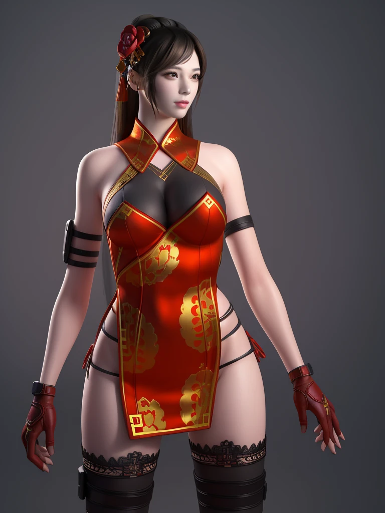 Wearing a red chestless cheongsam，The legs wear black ripped stockings，The head wears colorful Hmong decorations，Wearing gold wire eyes，The left finger points to the plump chest，Point your right hand at your crotch，Raise your left leg to your ear，The right leg stands on the floor