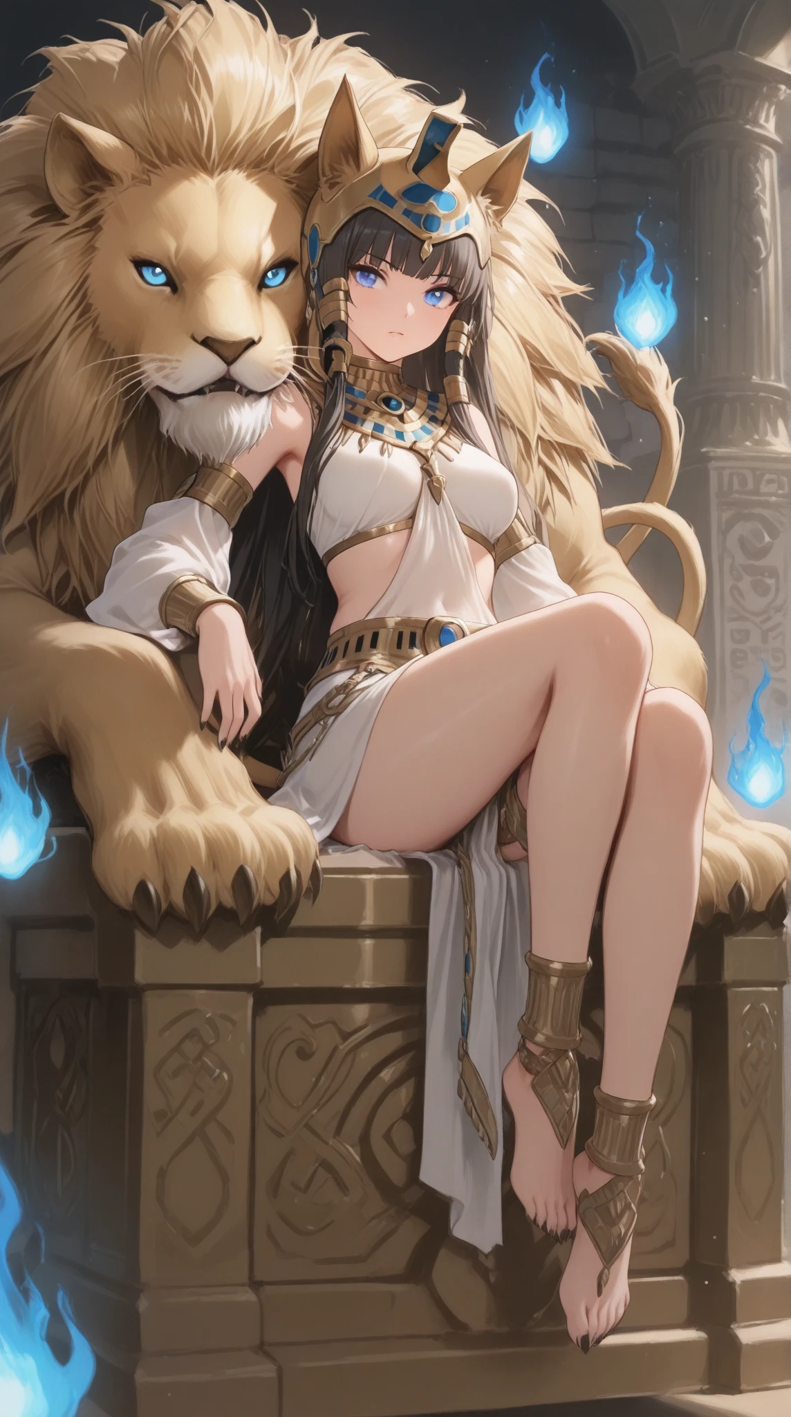 A lion neko girl, holding a staff, she is Infront of a temple in the desert, she is a goddess, she is canter image, the temple is in the middle of the desert