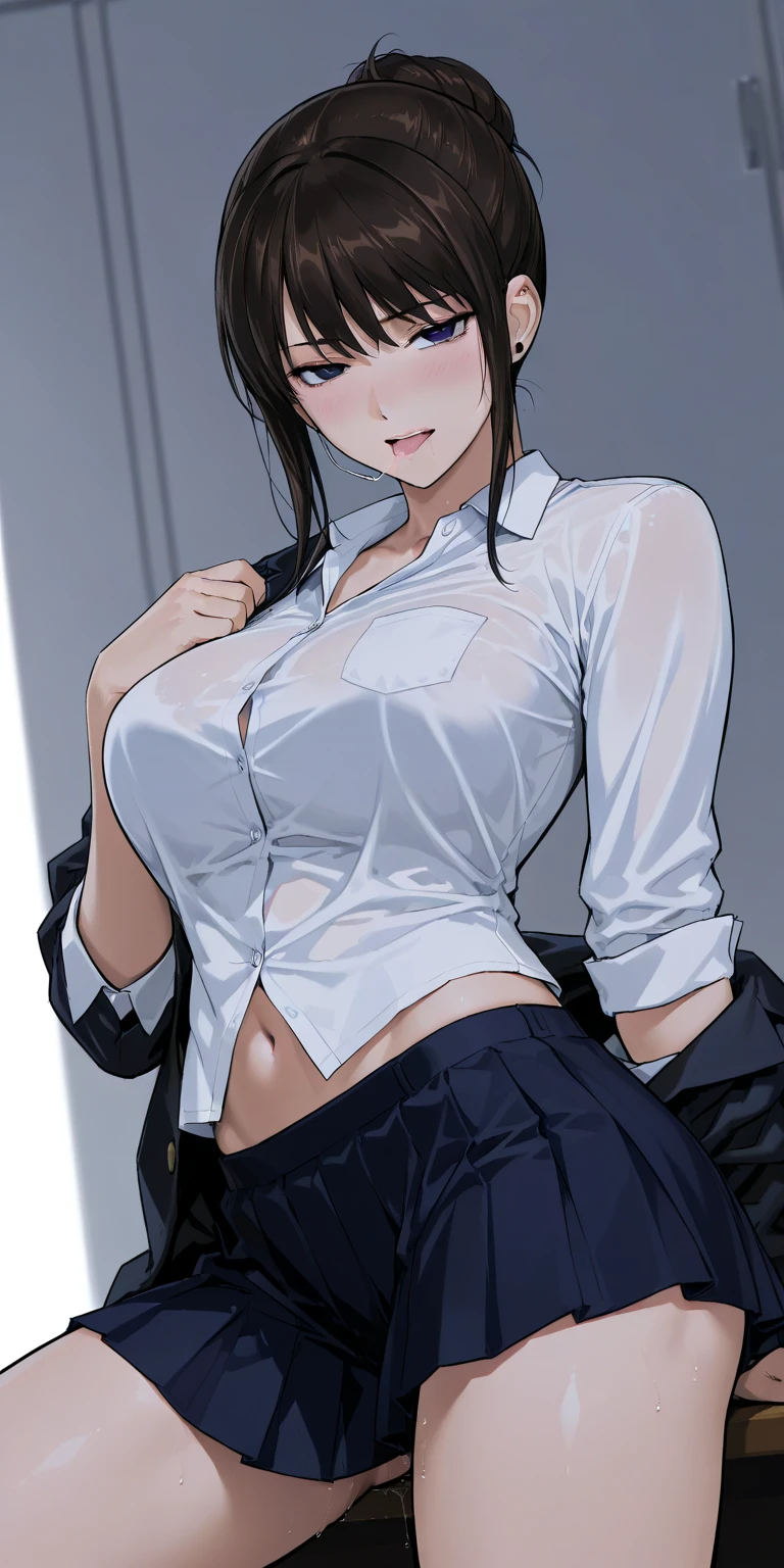 masterpiece, top-quality, the Extremely Detailed CG Unity 8K Wallpapers, Ultra-realistic 8kCG, erfect artwork, The perfect female figure, Dramatic shadows, (spot light, Perfect litthing, Detailed light, (((1girl in))), ((Sharp face)), ((black straight hair)), (((sexypose))), Model body type, Navel is visible, large full breasts, ((cute face)), big breasts, blush on makeup, red eyeliner, (gently smiling: 1.2), beautiful eyelashes), Beautiful face, (beautiful chest line:1.2), (cleavage), beautiful a girl, Exquisite facial features depicting the perfect face, Cold, Naturally beautiful, slenderbody, Light and beautiful thigh expression, hi-school girl, high-school uniform, a sailor suit, pleatedskirt, stockings, detailed, realistic light and shadow, 8K resolution, Professional Lighting, (glistning skin:0.9), perfect hand, (full body)