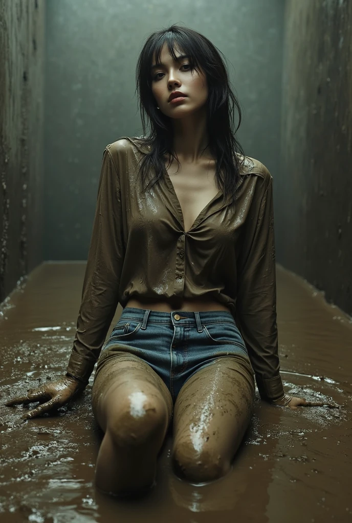 (Best Quality,4k,8K,hight resolution,Masterpiece:1.2),Ultra-detailed,Bathroom scene, wearing jeans:1.4, blouse, satisfying her shameful fetish,(Woman covered in mud:1.2),drowned in a Mud bath,gritty texture,Eroticism,отвращение к своей поshameной слабости,shame,Muted colors,epic artistic perspective, Mud bath