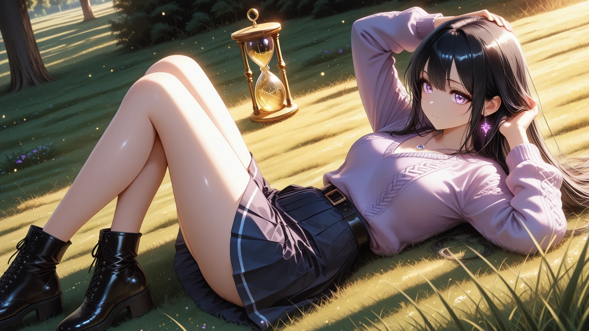 short, small, flat with , crying, lying with her legs spread so that her pussy can be seen in the dark forest near a dim lantern 