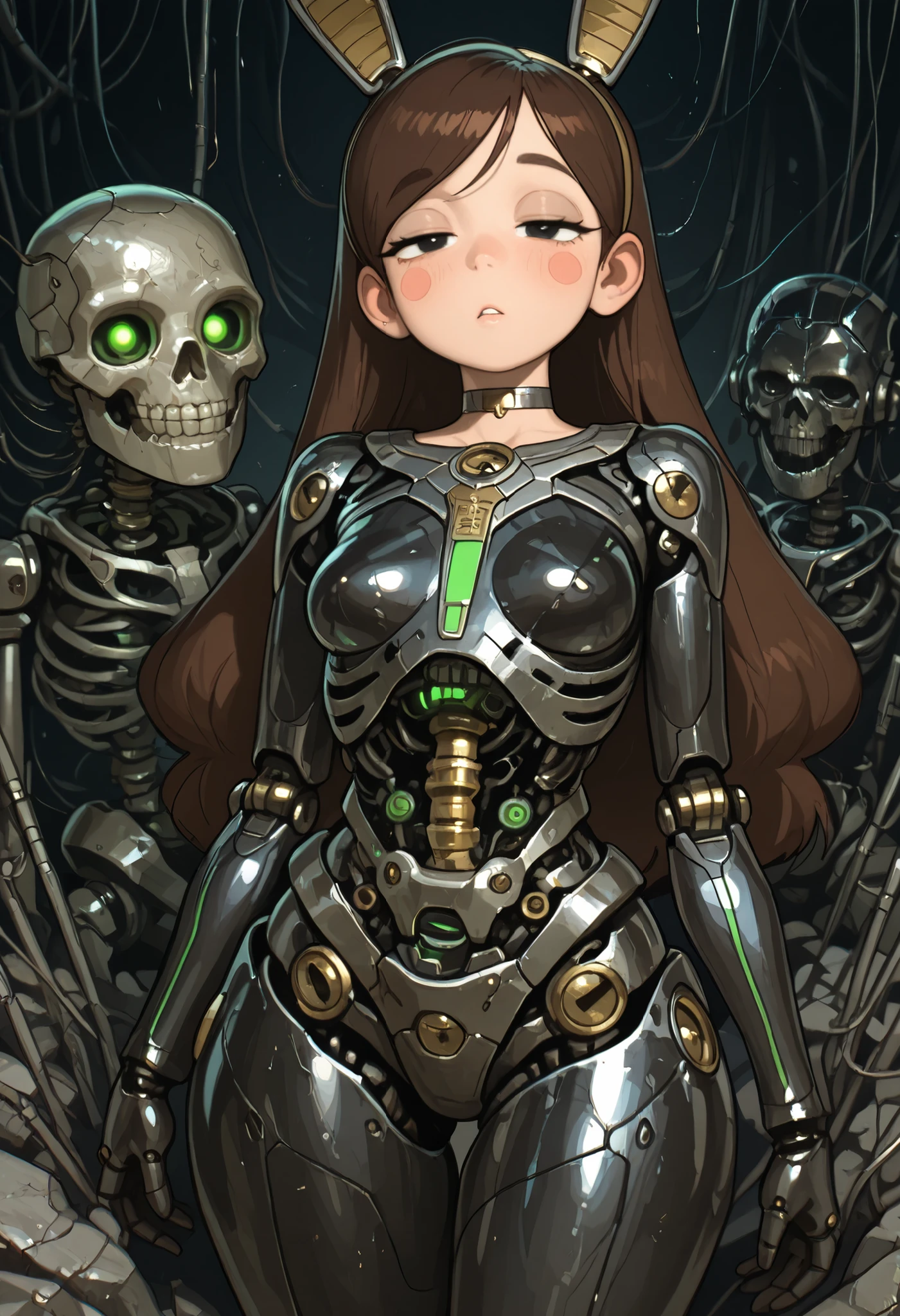 Mabel Pines, blush stickers, brown hair. black eyes. half-closed eyes, small breasts, huge hips. long eyelashes, choker. | Dark Moody Atmosphere, cybernetic robot highly detailed, complex intricate details, masterpiece realistic photography, Necron queen, Egyptian princess with robotic metal skeleton body, metal skull face, metal cable hair, masterpiece octane render, delicate lines, green glowing eyes, shattered metallic tombs in background, android, AI, machine, metal, wires, tech, futuristic, highly detailed, dramatic, mysterious, dark moody atmosphere.