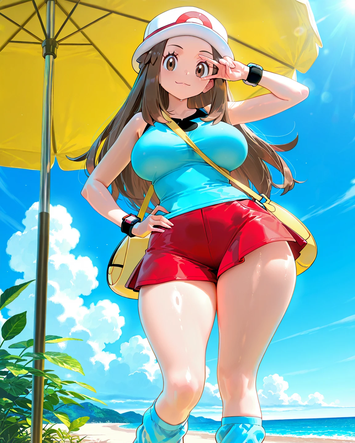 masterpiece, best quality, highres, <lora:RosaPokemon:1>, shorts, visor cap, yellow shorts, short shorts, outdoors, smile, jumping, two legs up, sneakers, shoes, beach, ocean, yellow bikini, bikini shorts, (((swimsuit))), (((bikini))),