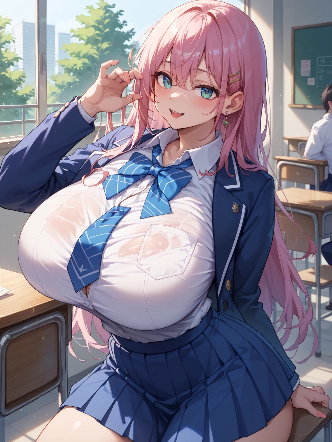 1girl,twintails,condom_hair_ornament,gigantic breasts,white shirt,pleated skirt,serafuku,thighhighs,collar,classroom,peace sign,blush<lora:condom_hair_ornament:1>