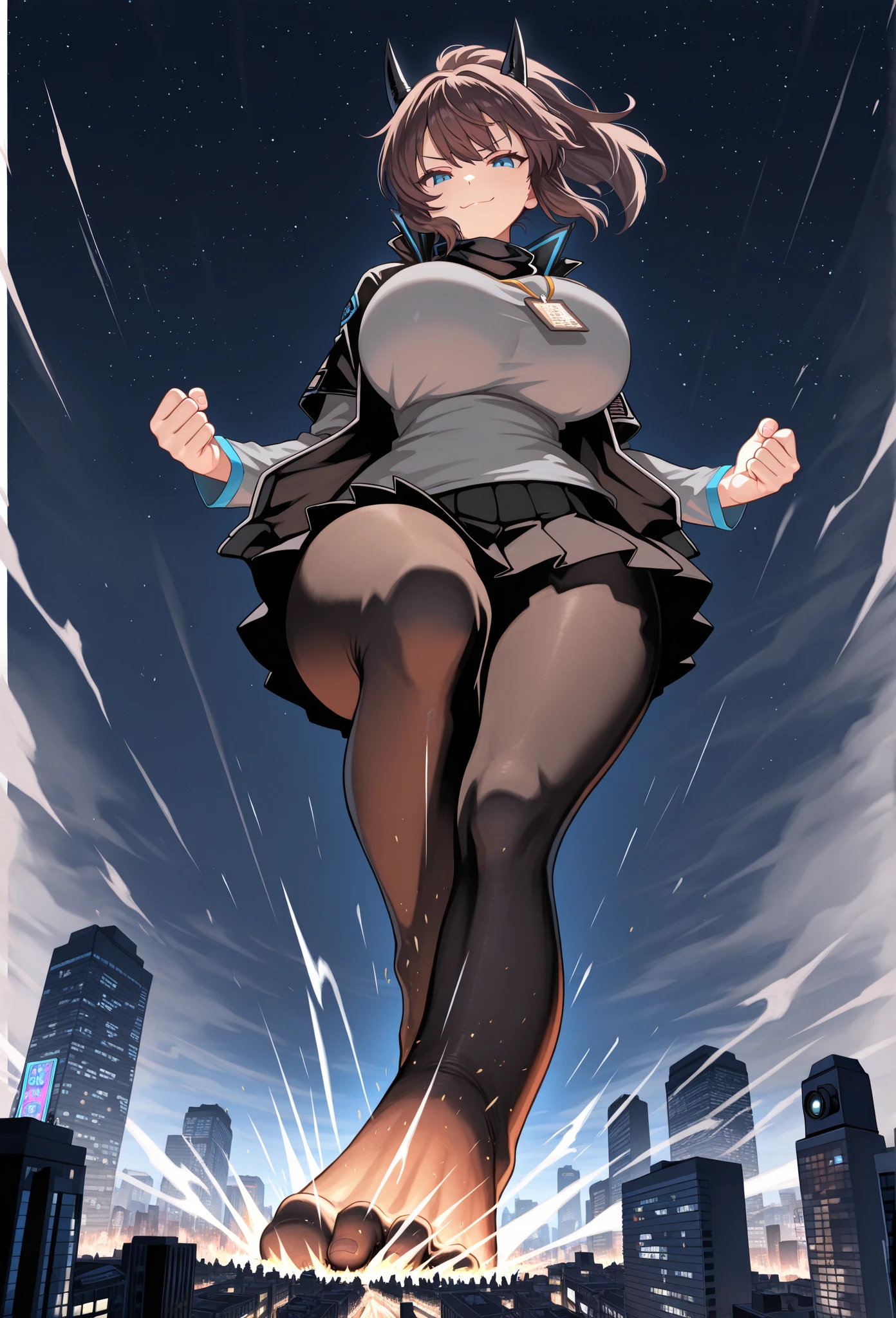 Aerial View，giantesscity,giant girl 500 feet high，skyscrapers,Have a pair of ultra long legs,stepping in the crowd，many people in street,a pair of huge breasts，Princess，mini skirt,black silk socks，Has black waist-length hair，Wearing a pair of Mary Jane heels，A look of enjoyment，standing on a ruins，Beautiful appearance，Exquisite makeup，quality，8k，高quality，Perfect proportion, Cinema lighting，film grain，Fuji colors，8k，textured skin，Super details，high detail，high quality，high resolution，explode，fake smile