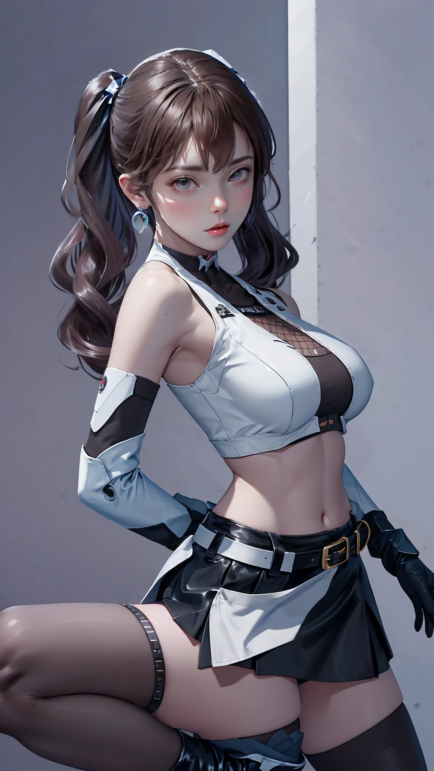(Finest quality)),(A high resolution),(ultra-detailled art),(Meticulous portrayal),((Best Anime)),(Finest works of art),sharpness,Clear,Ultra-Precision Art,The art of astounding depiction, (Female Ninja in the Dark:1.3),
short Hair, purple hair, vibrant purple hair, extremely detailed hair, detailed bangs, with bangs, short hair only,
pretty face, beautiful lips, soft lips,pretty face, close up face,serious face, pretty nose, beautiful nose,
pretty eyes, beautiful eyes, detailed eyes, perfect eyes, green eyes,
korean girl, korean beauty, irene, red velvet irene,
clear skin, clear skin, white skin, soft skin, slim body, small breasts, detailed skin, detailed thighs, show navel, detailed arms,
Ninja clothing, Ninja outfit, gray cycling shorts, dark gray halter top, white turtle neck, detailed halter top turtleneck, thick halter top turtle neck, dark gray arm sleeves, detailed sleeves, cover breasts, cover neck,
looking at camera,
dark gray shorts, detailed dark gray shorts,
standing, cool pose,
super low-angle shot, looking down,
