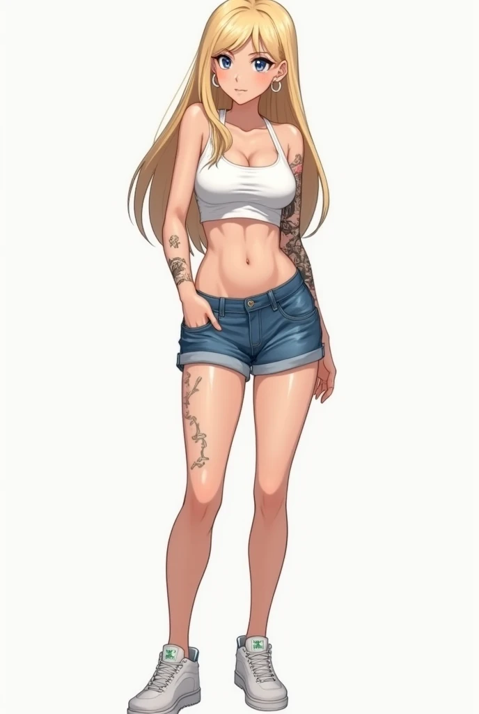 A beautiful sexy girl with a big breast, long round blonde hair, braids, her brown eye, big purple glasses, wearing a blouse, a light purple pocket with a button, tied knot, showing a navel and a blue shorts, a pocket with a black heel. 