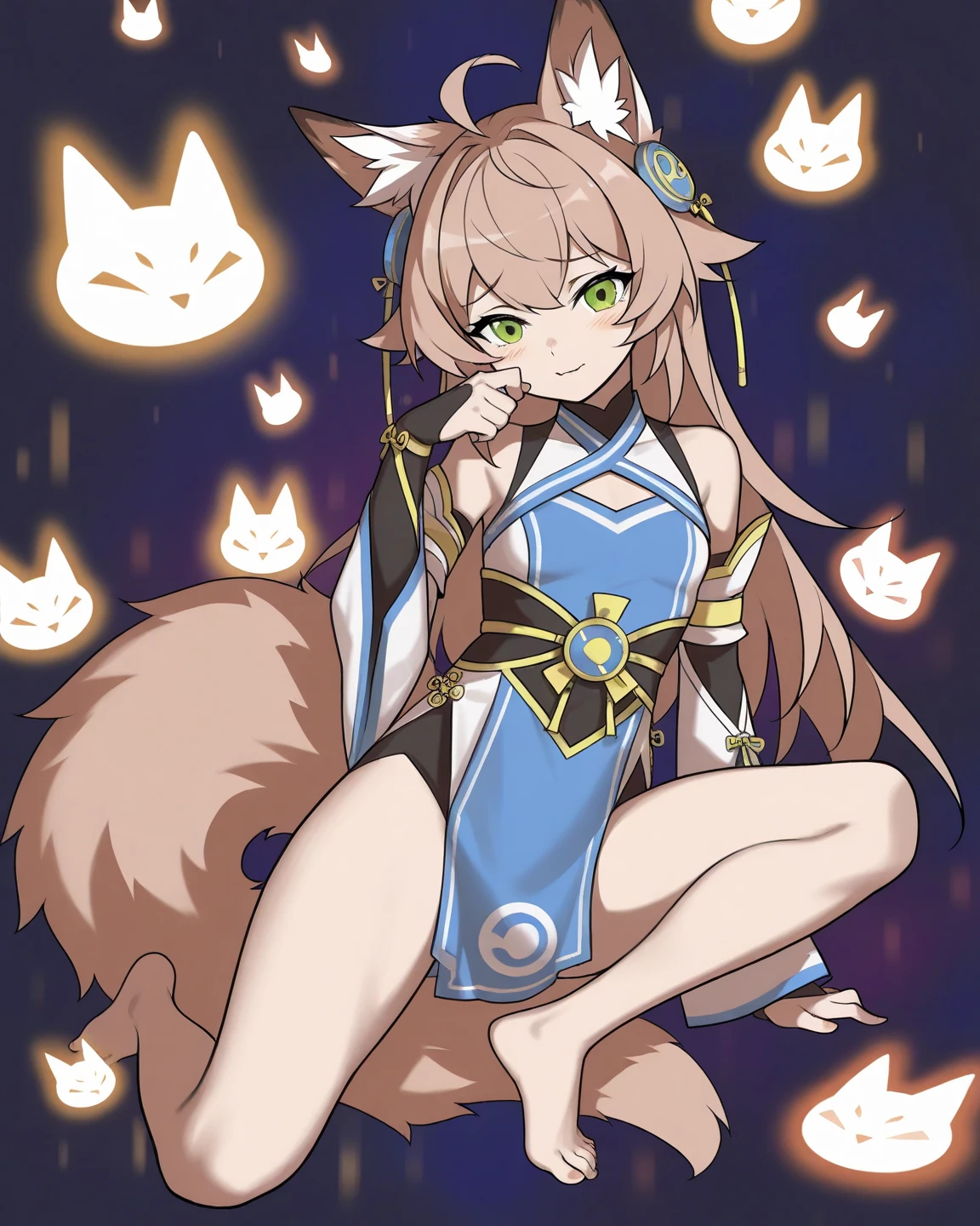 One girl, Teen, (Animal ears), Straight, whole body, View your viewers, Hair between the eyes, hair ornaments, Multicolored Hair, Twin Blade, Fox&#39;s Tail, (Multiple tails:1.3), badge, bangs, (Blue baseball cap:1.2), Clothes writing, White clothes, Food, Food down, Are standing, Long sleeve, Mouth closed, (Blue Skirt:1.05), alone, (A slight blush:0.9), bare wood, building, city, cityscape, Day, Outdoor,  swoodt, Tokyo (city), wood